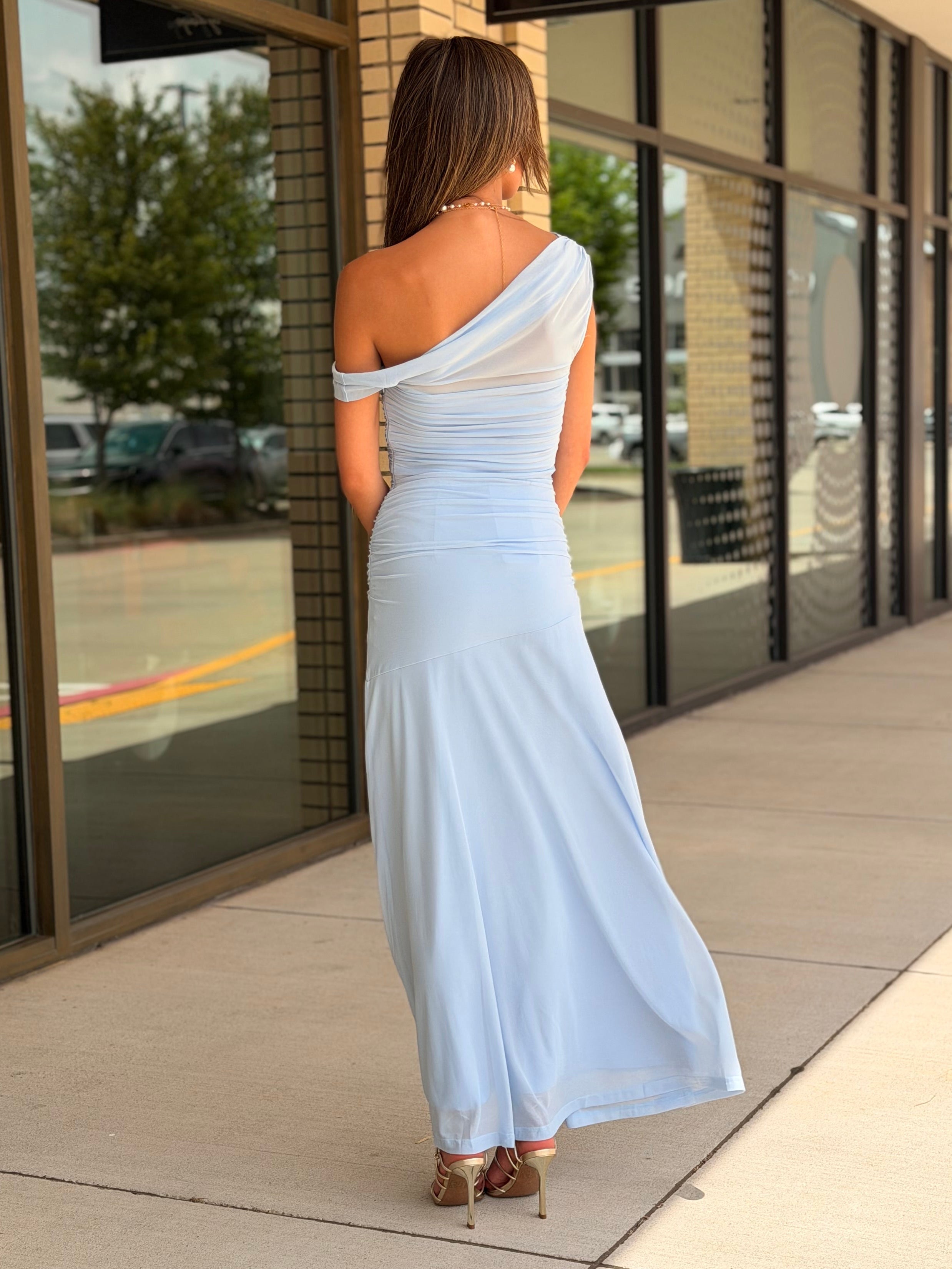 Noa Ice Blue Off Shoulder Drop Waist Maxi Dress