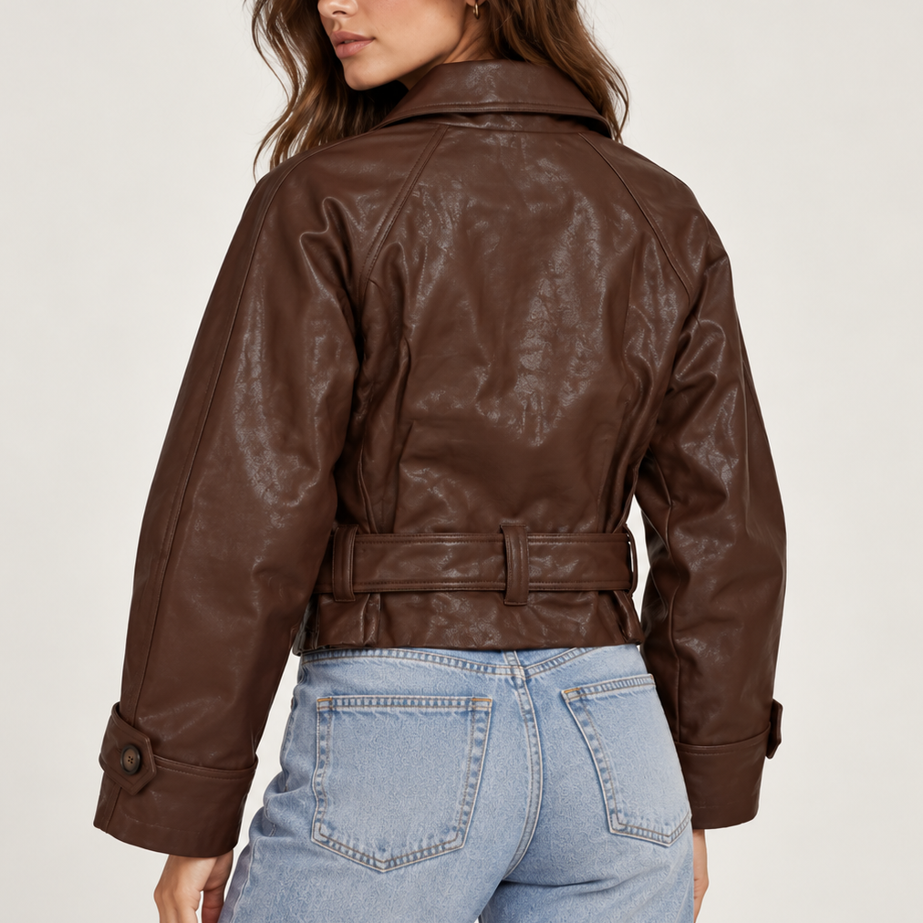 Cordelia Dark Maroon Faux Leather Tie Waist Jacket