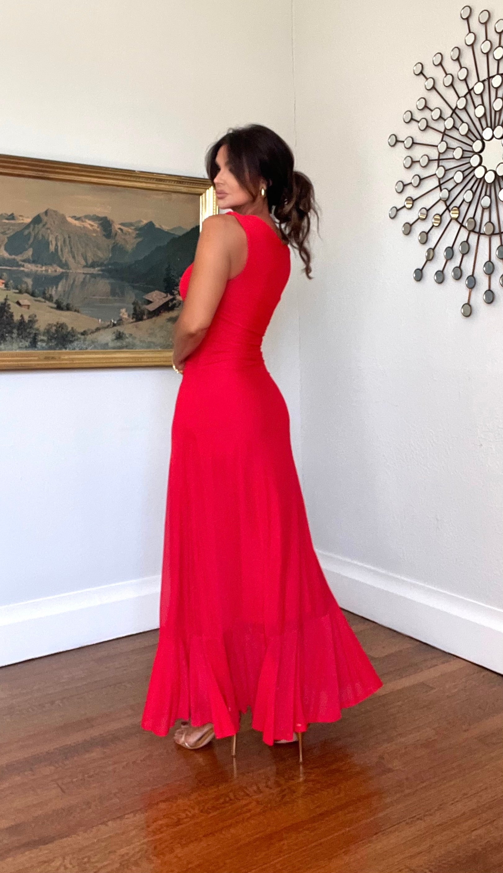 Sasha Red Boat Neck Ruched Mesh Side Slit Midi Dress