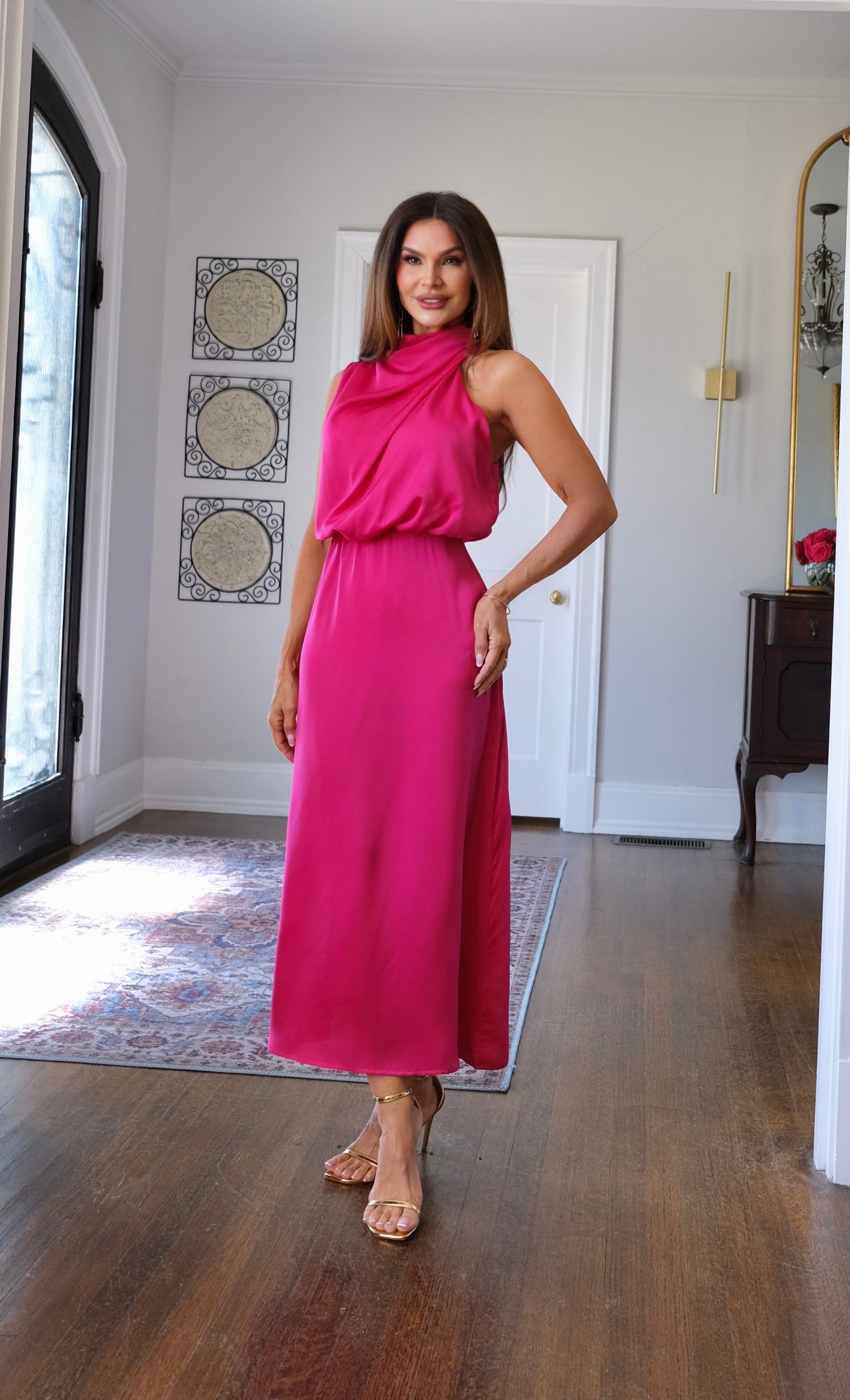 Bridgette rose satin halter neck midi