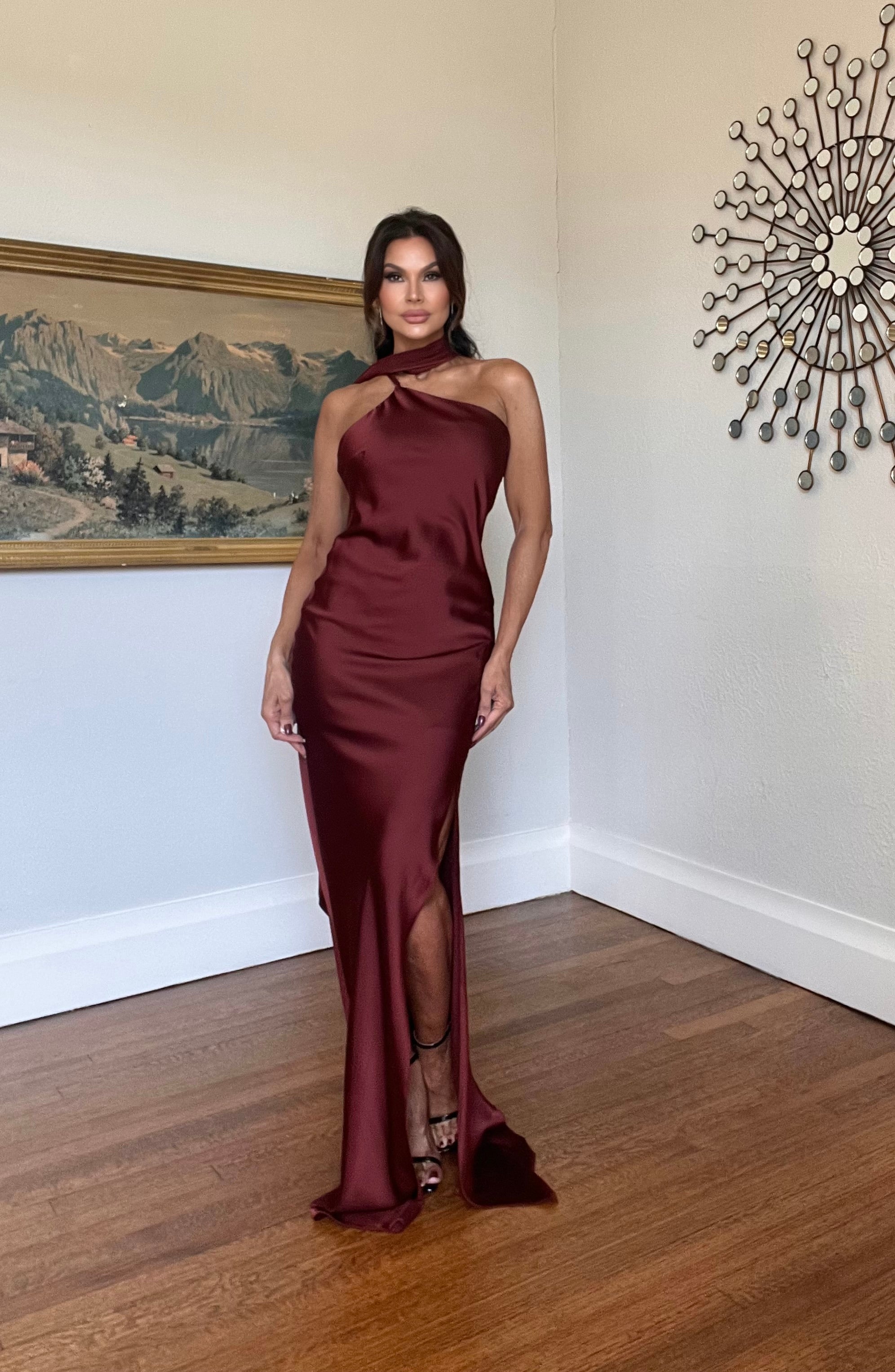 Christie Chicago Brick Satin One Shoulder Sash Midi Dress
