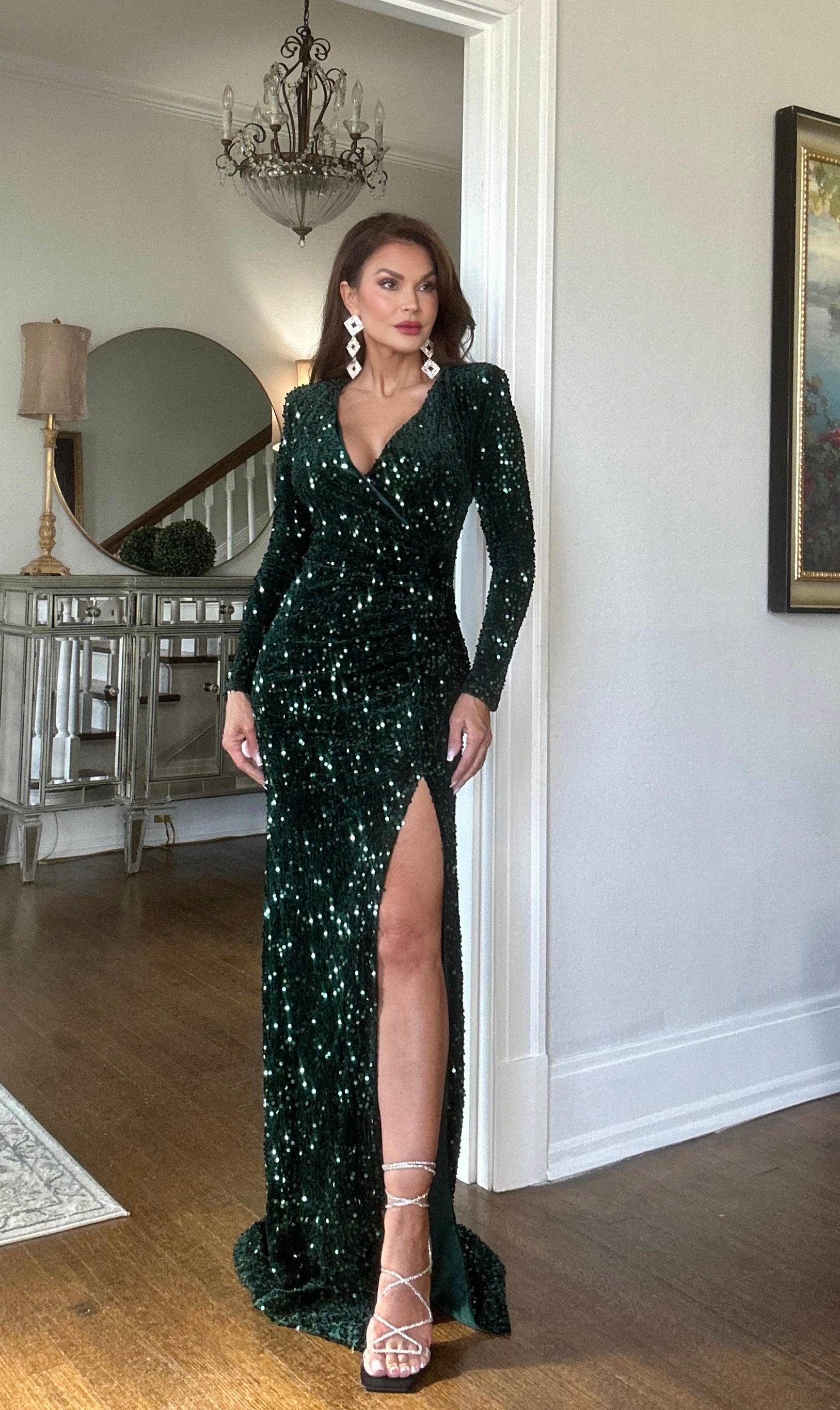 Kenna deep green long sleeve velvet sequin formal with slit
