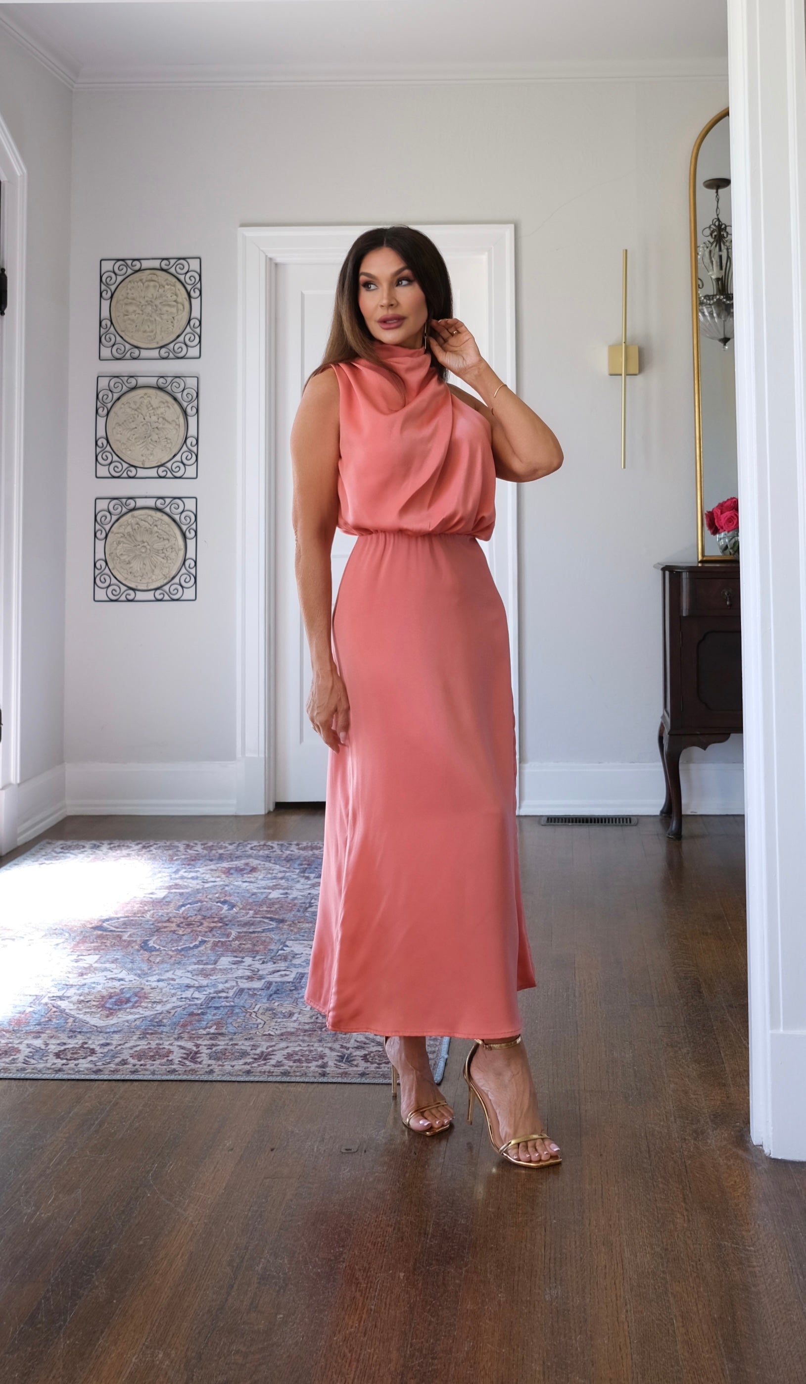 Bridgette mauve satin halter neck midi