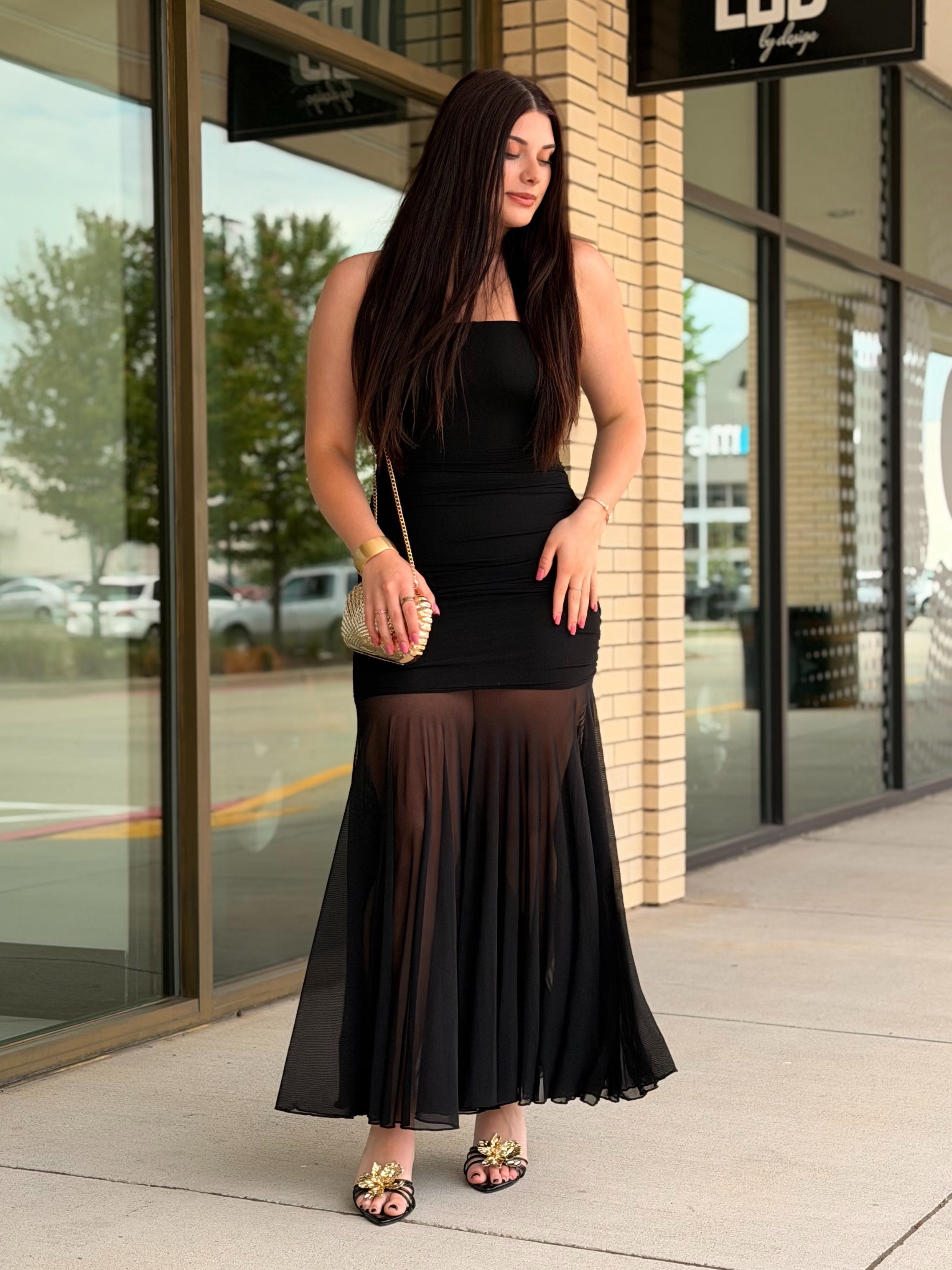 Stassie black ruched strapless midi dress