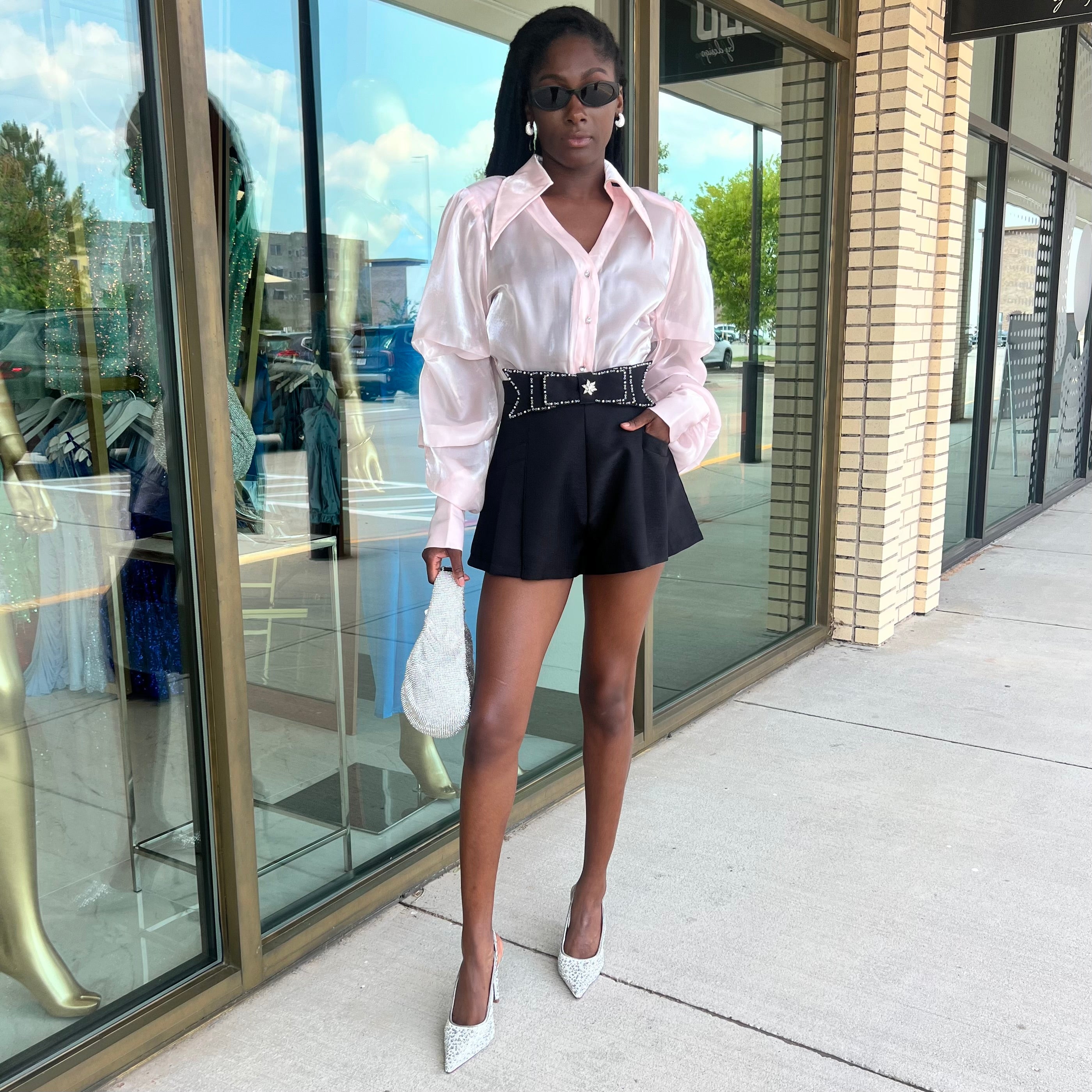 Pepa Blush Pink Long Puff Sleeve Crystal Button Front Blouse