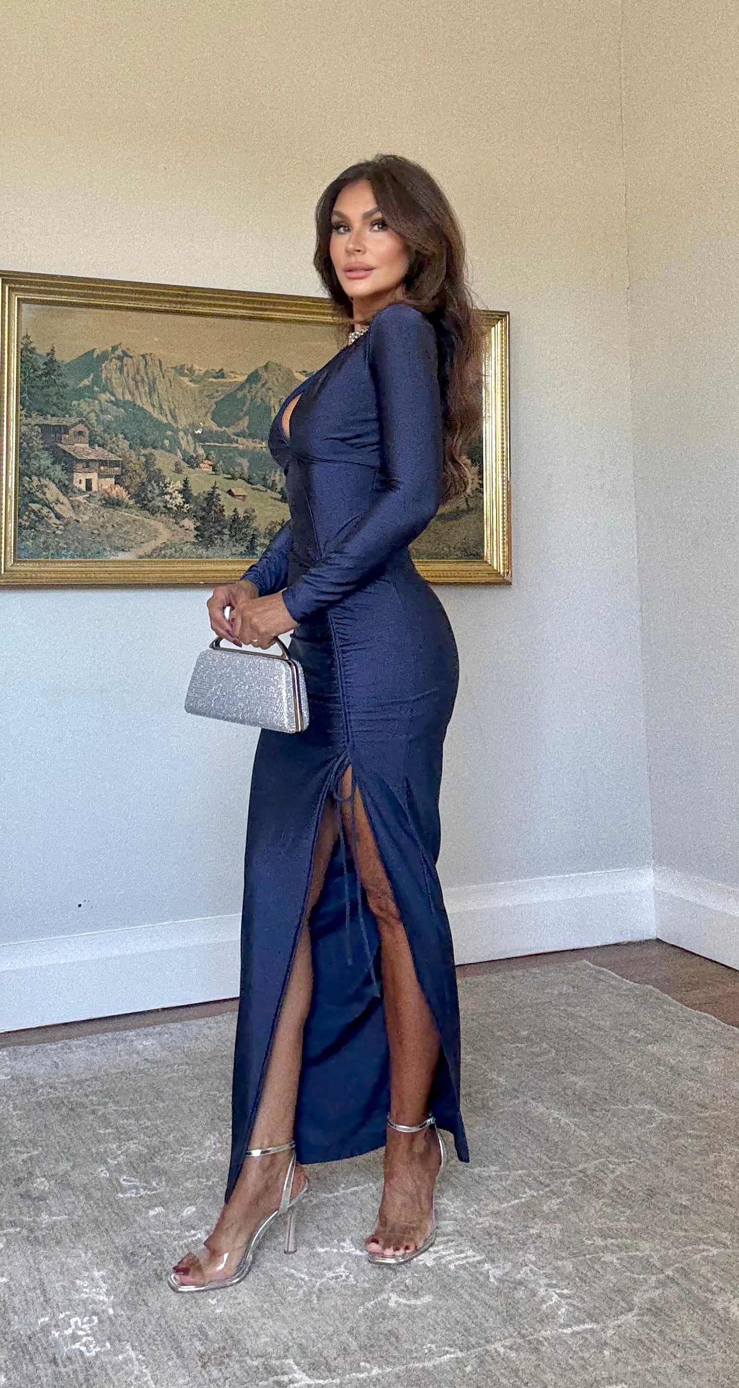 Alicia Navy Deep V Long Sleeve Side Slit Ruched Midi Dress