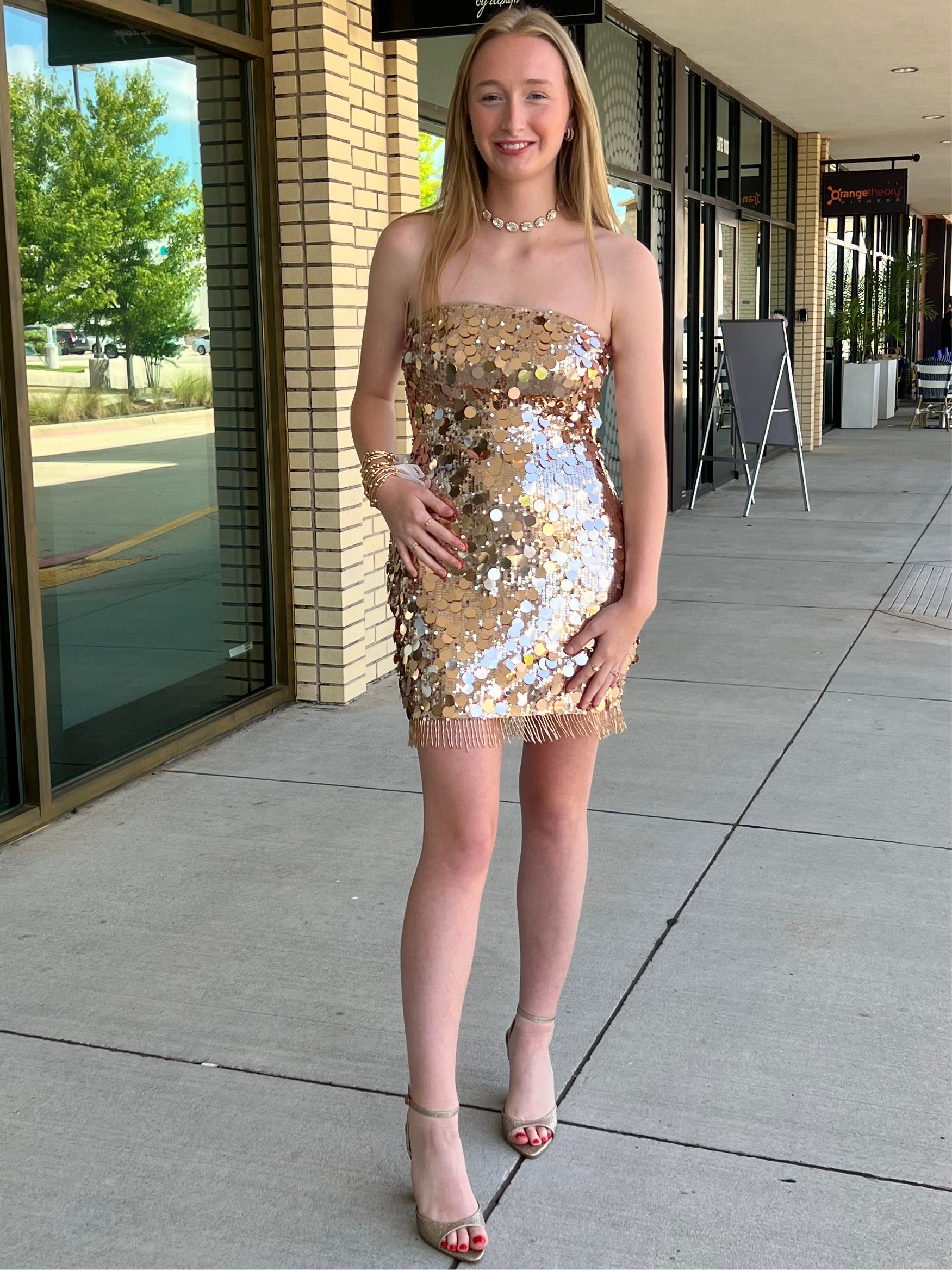 Lettie coffee gold disc sequin and fringe mini dress
