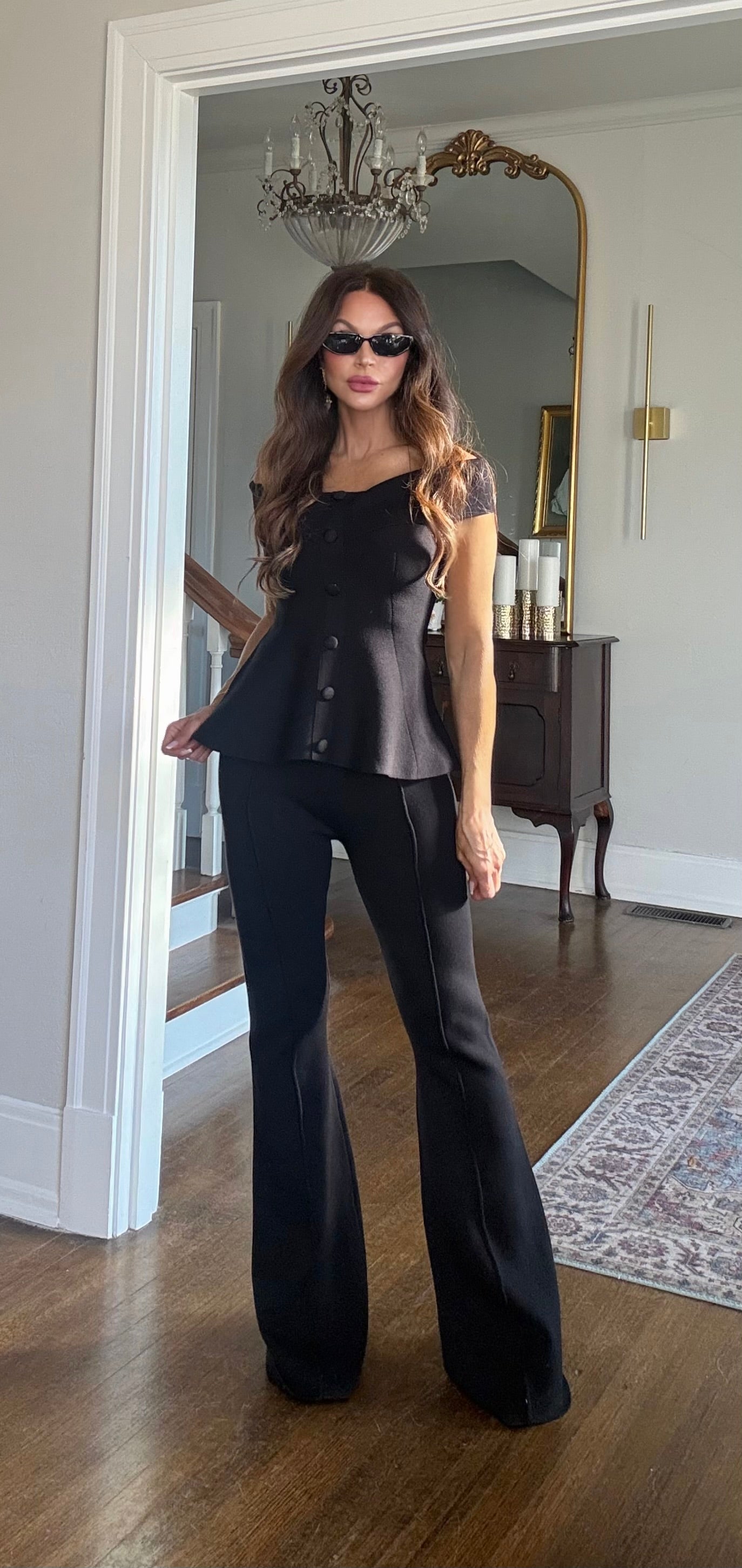 Ebony Black Off Shoulder Peplum Knit Top with Button Detail