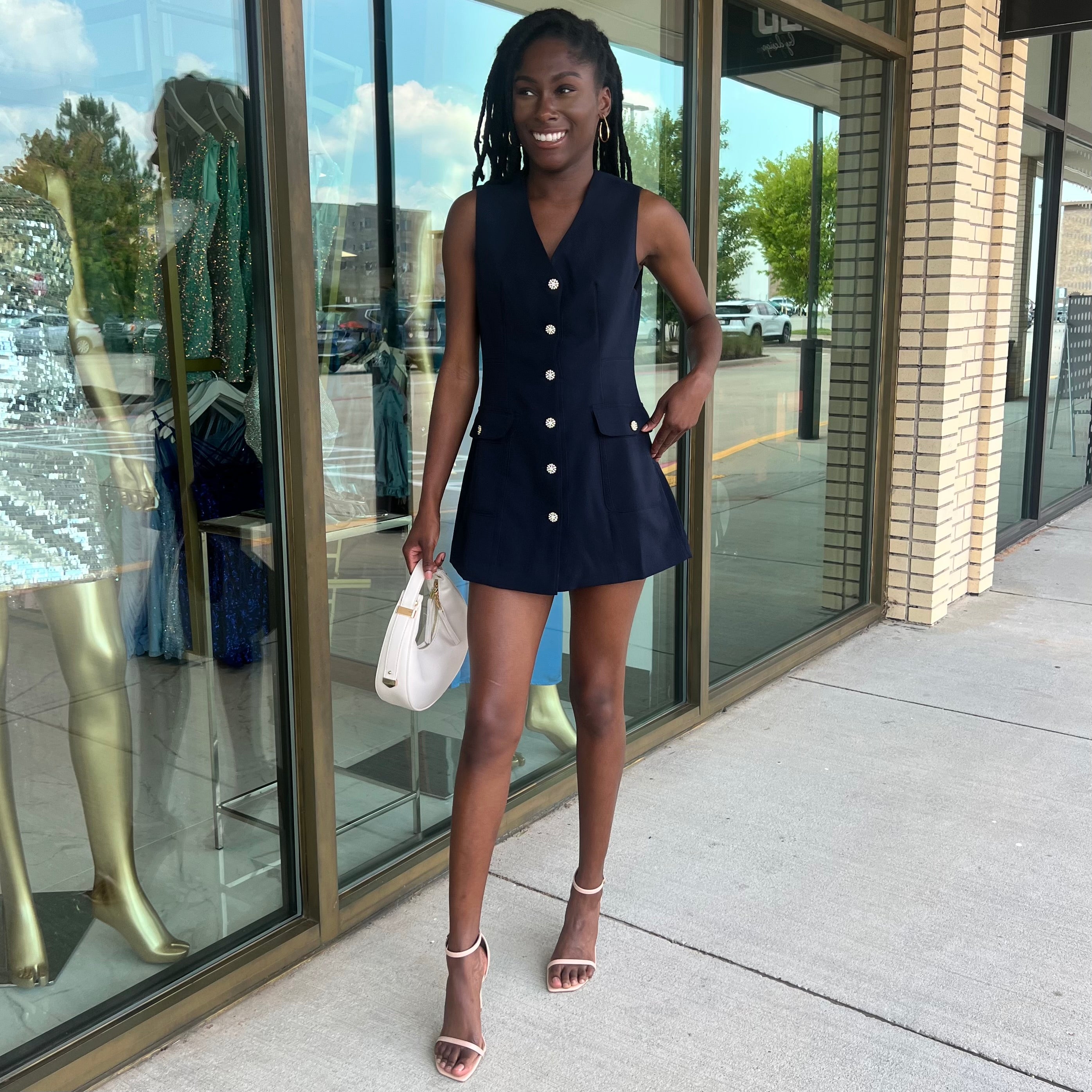 Reva Dark Navy Crystal Button Front Romper