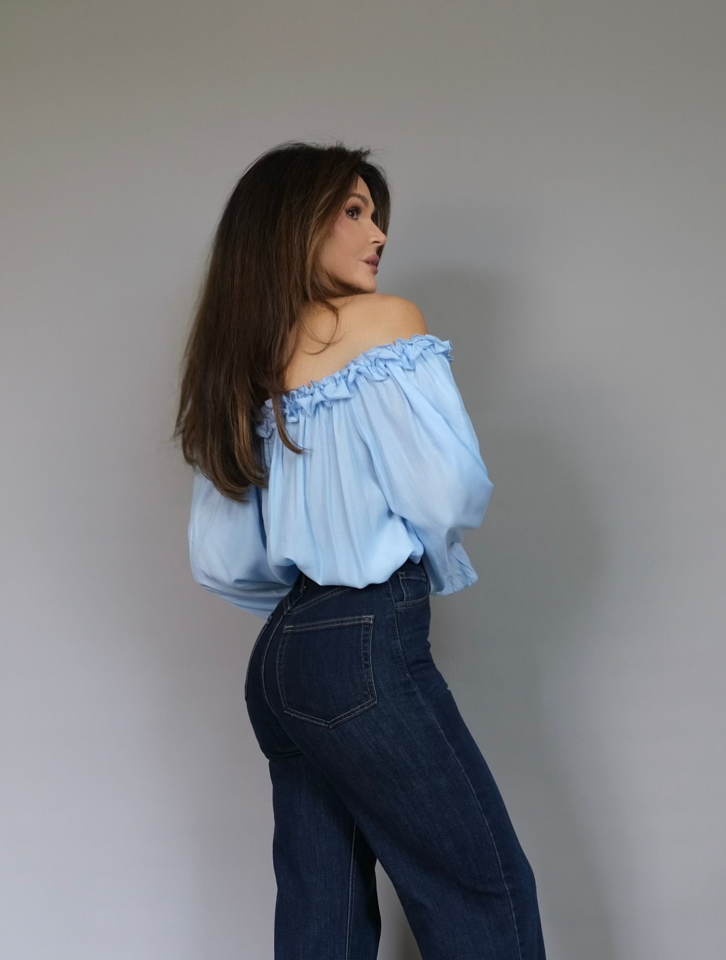 Jane blue off shoulder ruffle shirt