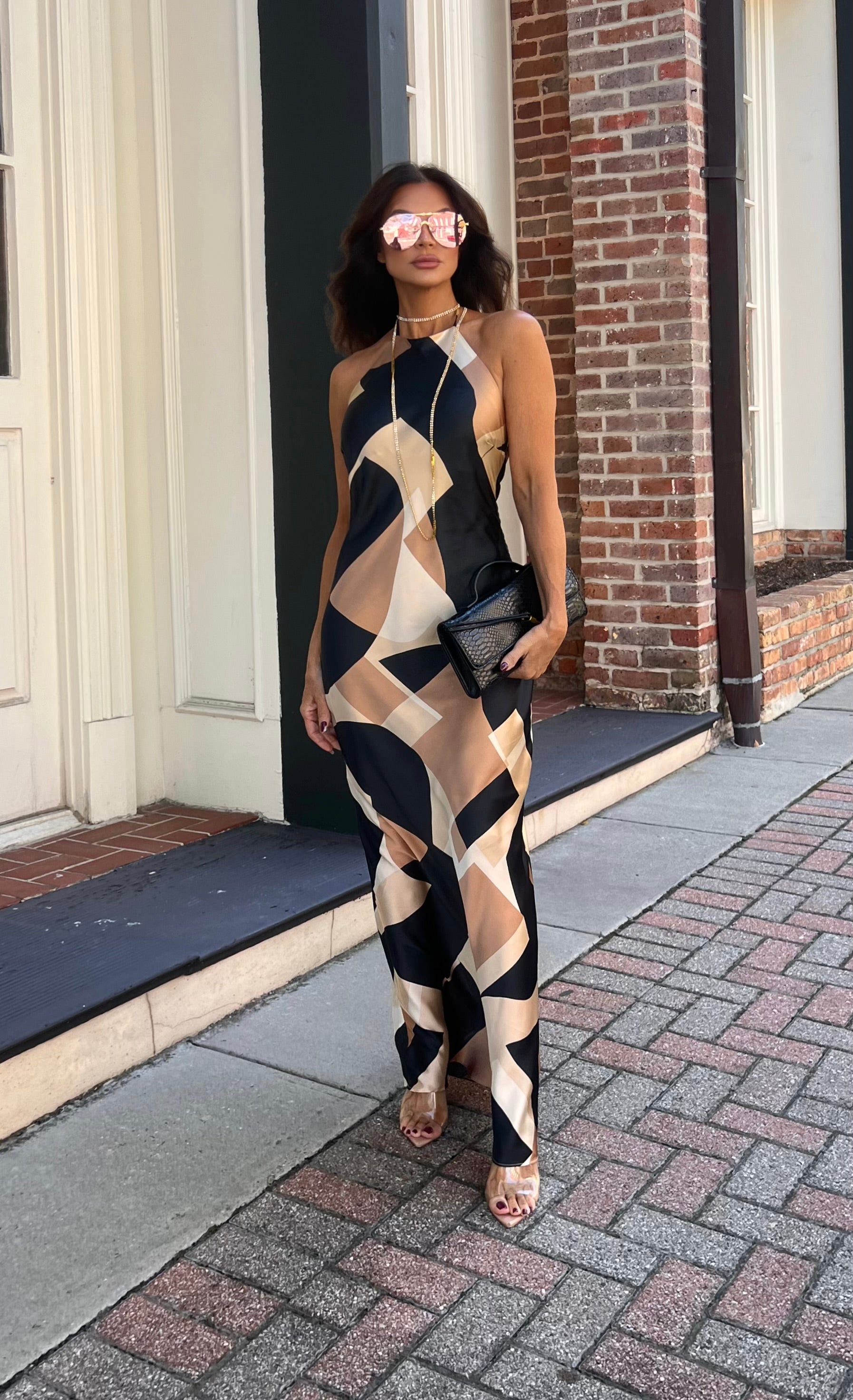 Paula Geo Satin Print Halter Midi Dress