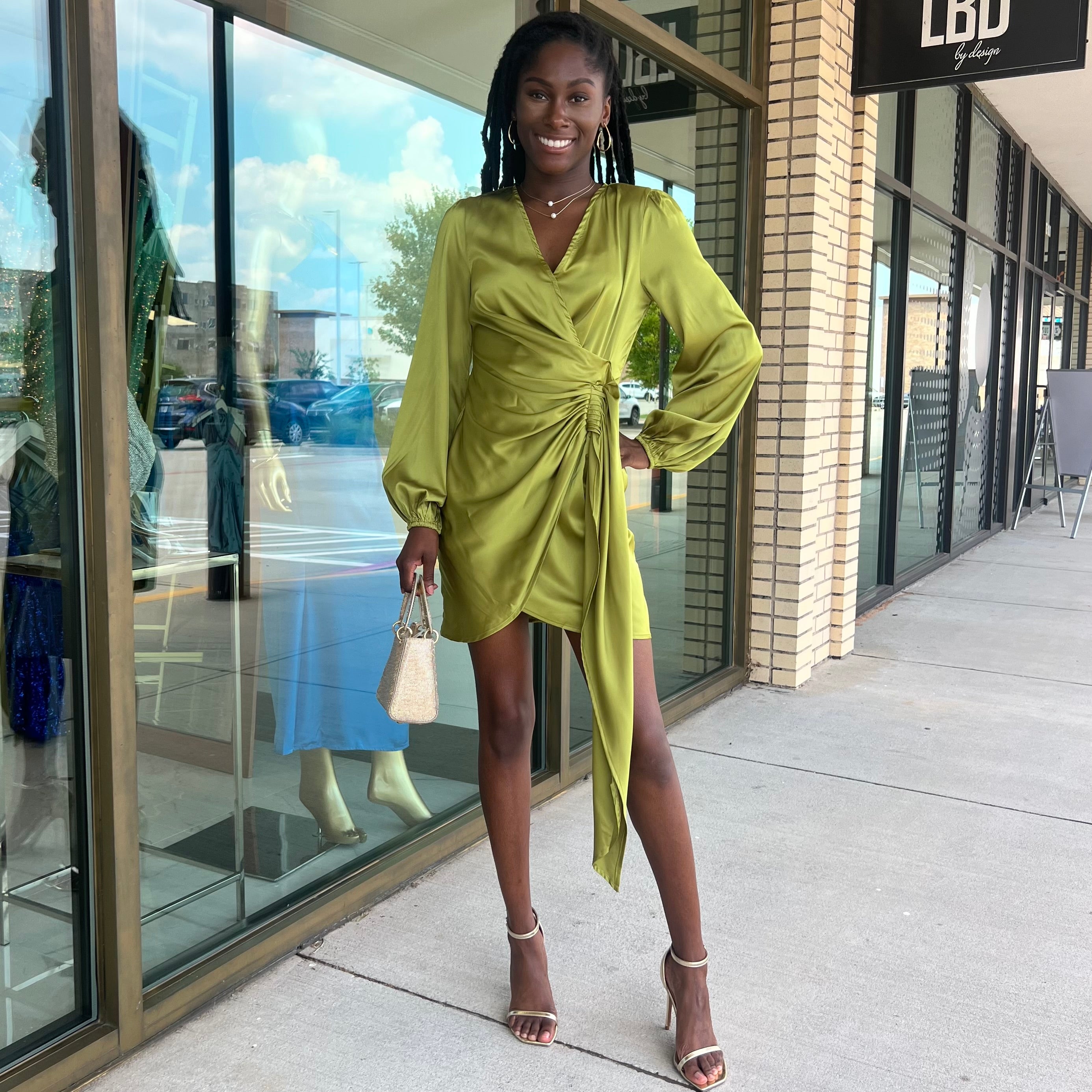 Milli Avocado Long Sleeve Side Sash Mini Dress