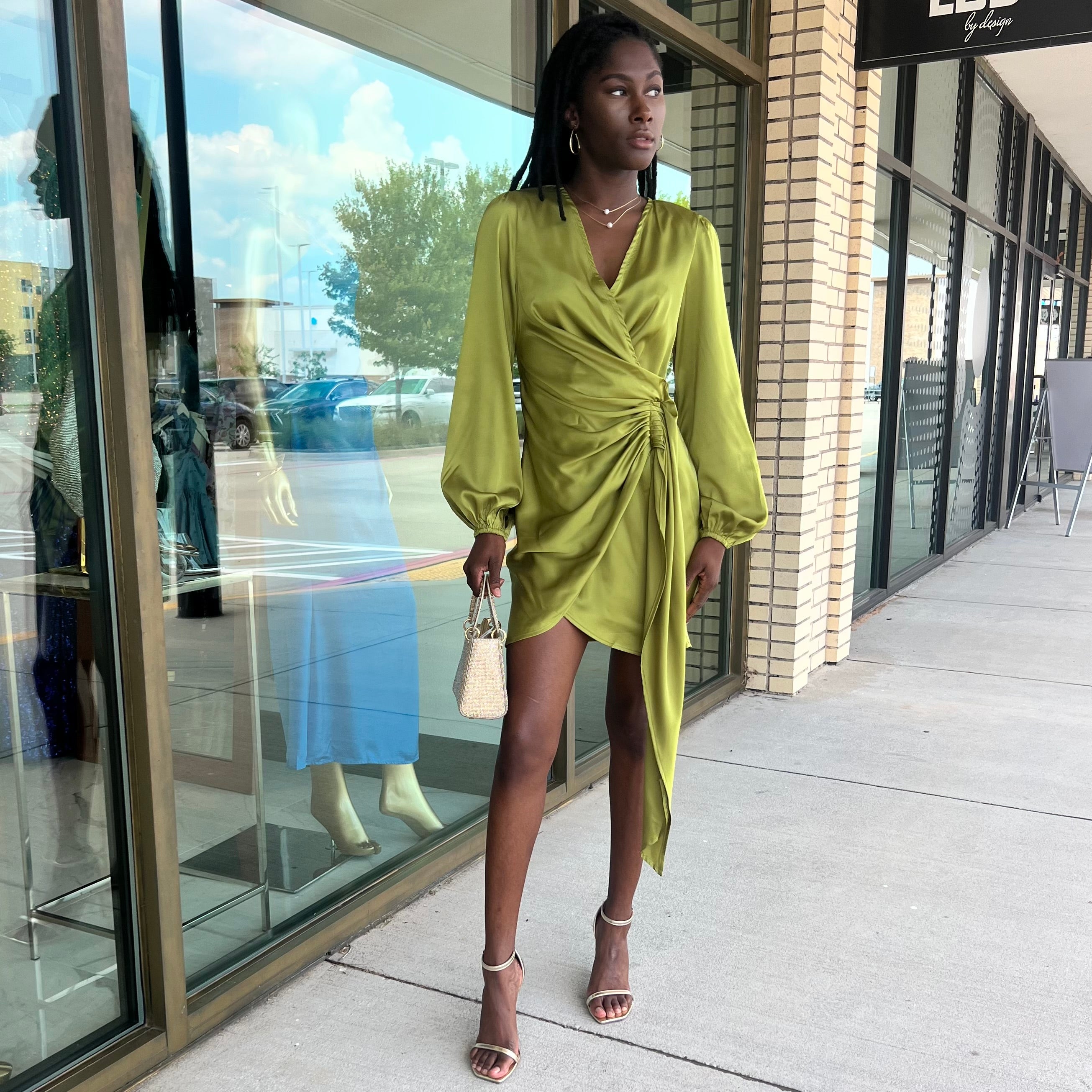 Milli Avocado Long Sleeve Side Sash Mini Dress