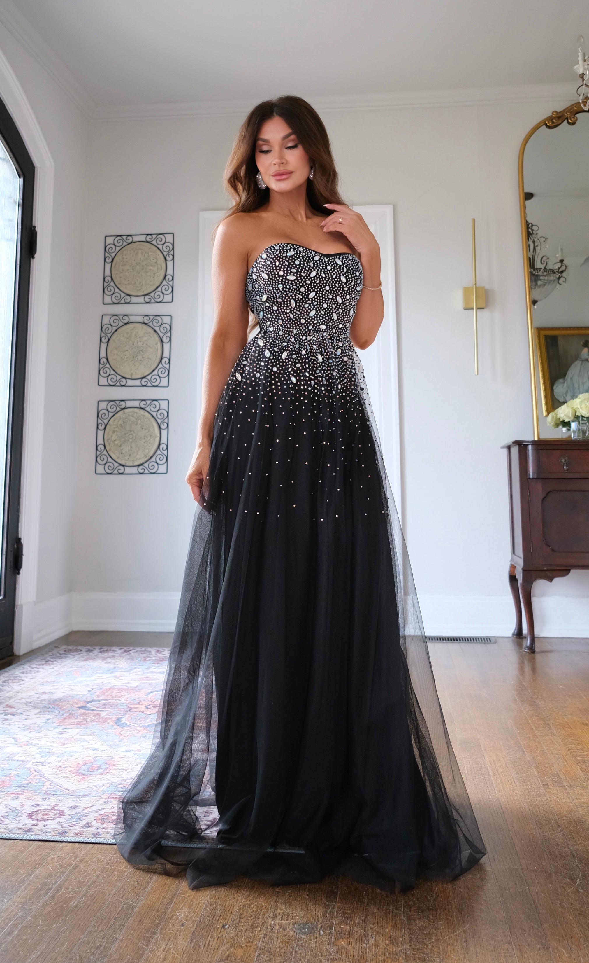 Dominque black glitter and rhinestone mesh maxi dress