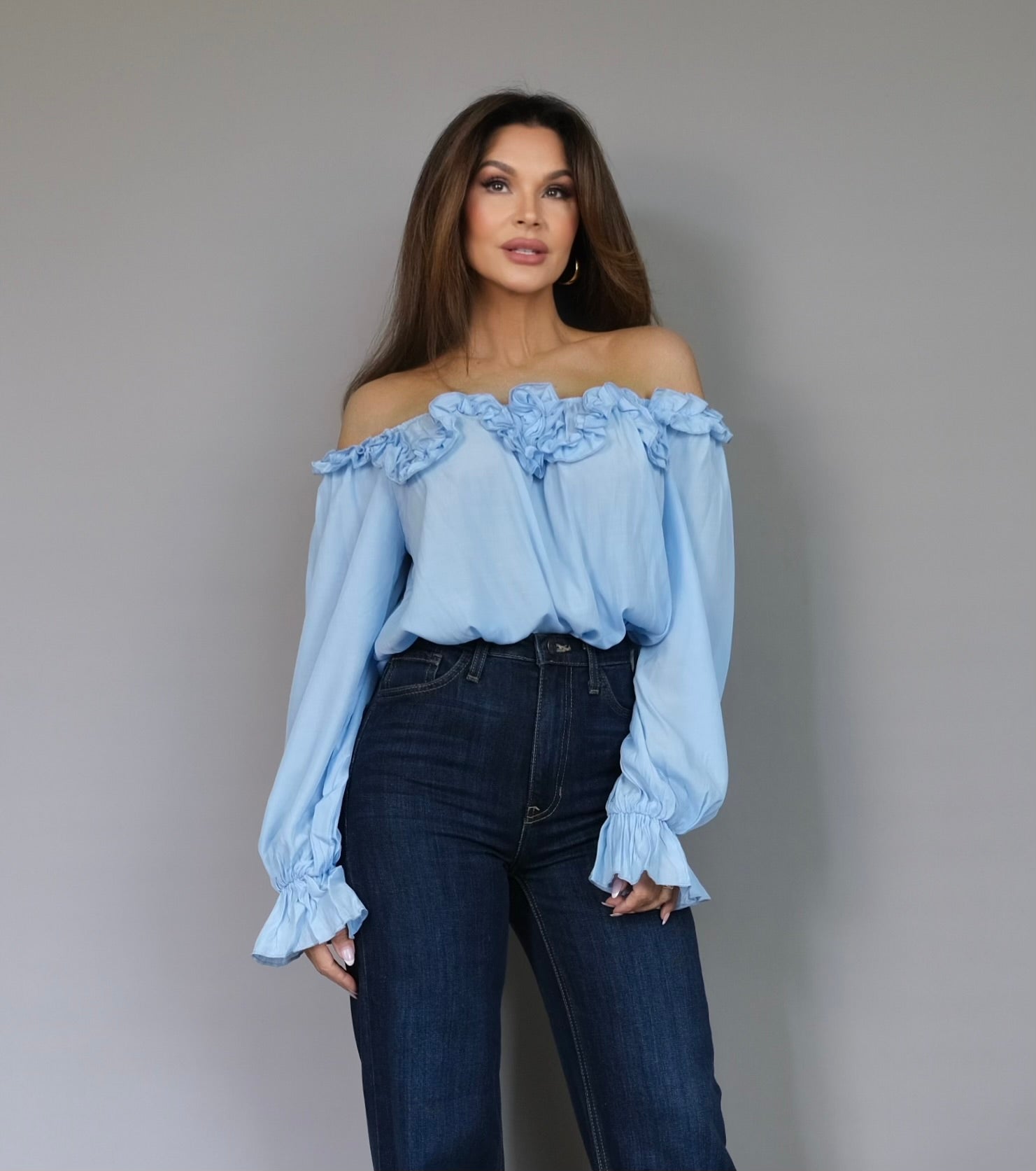 Jane blue off shoulder ruffle shirt