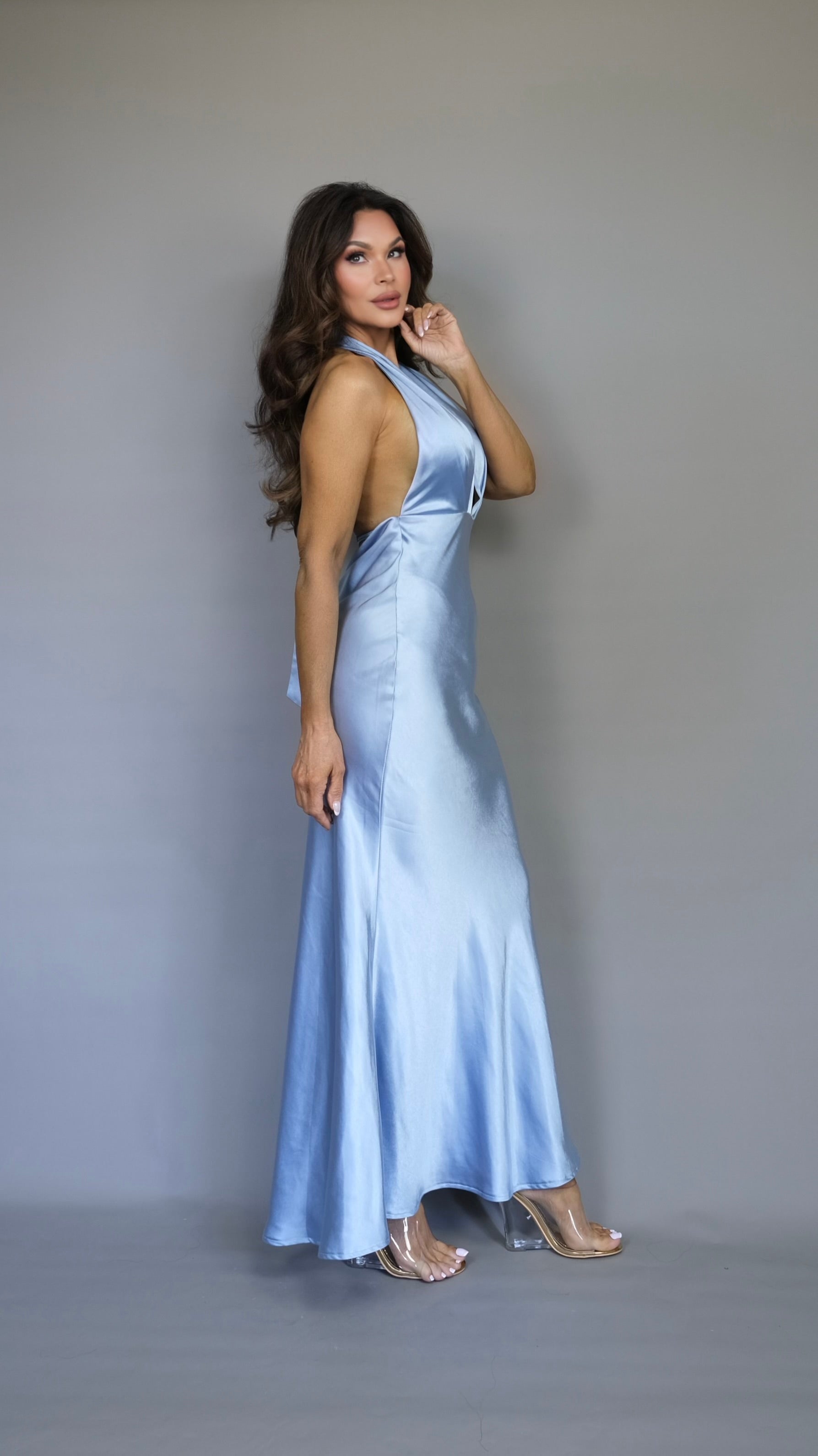 Lou blue satin haltermaxi dress
