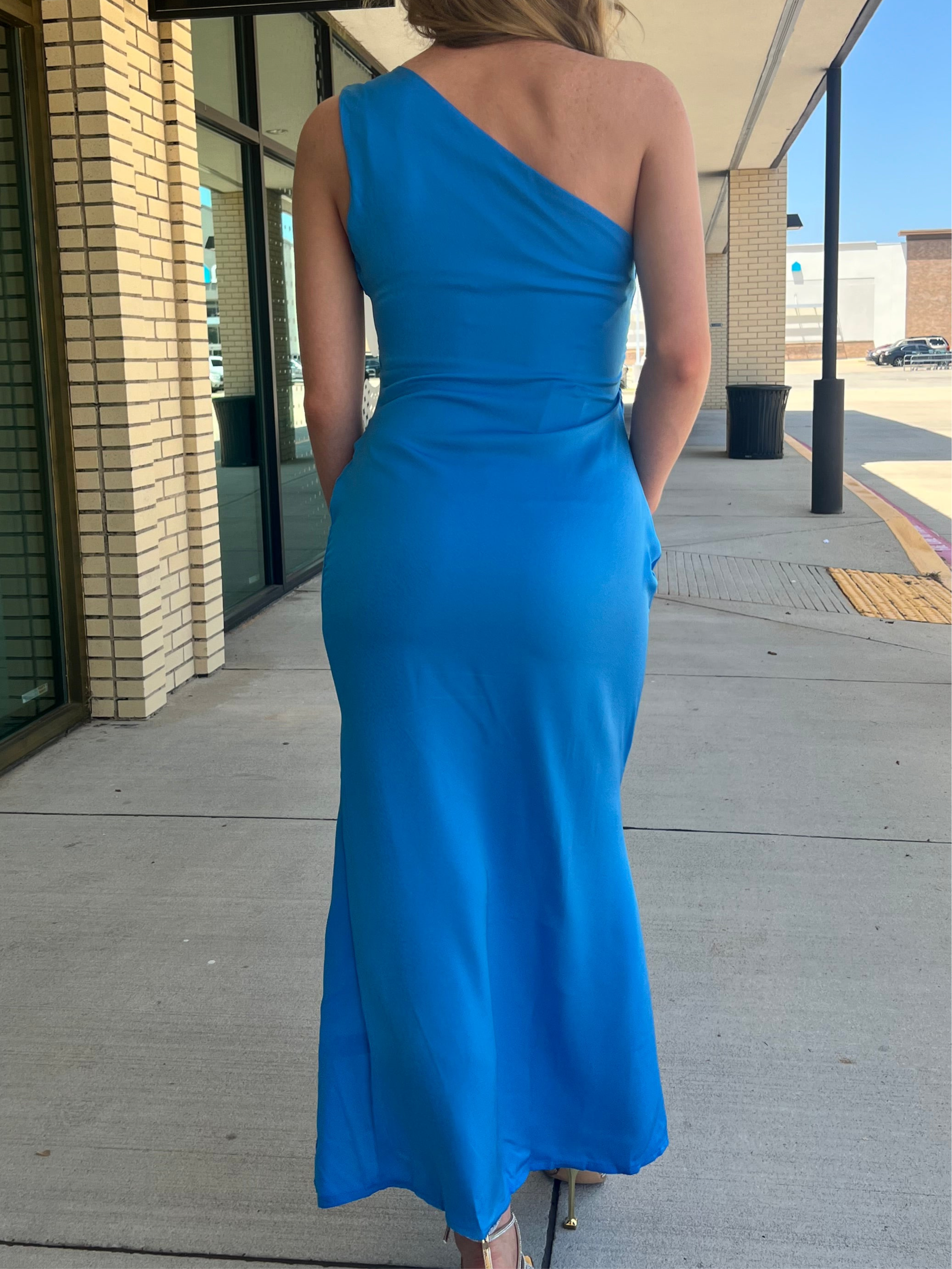 Amelia Electric Blue One Shoulder Ruched Waist Midi With Side Slit