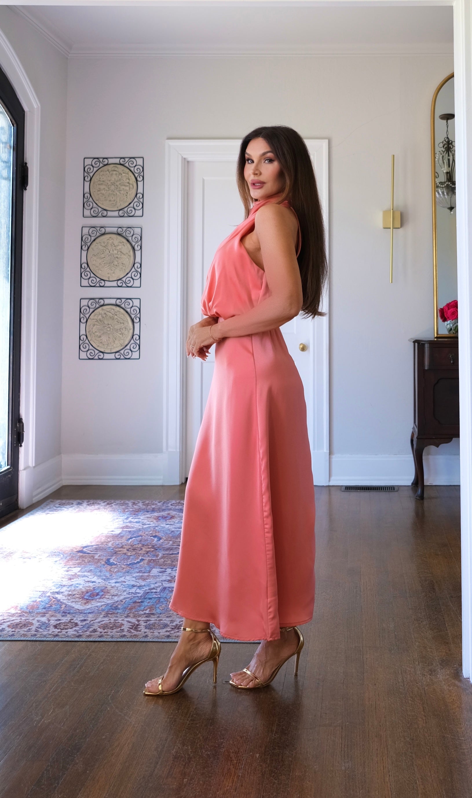 Bridgette mauve satin halter neck midi