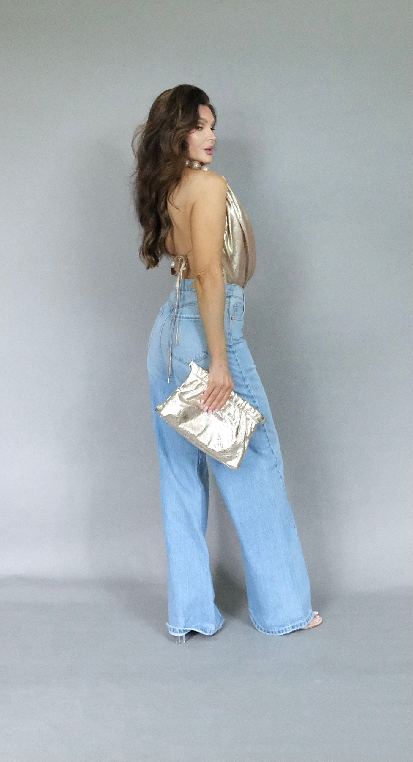 Zena gold halter open back tie blouse