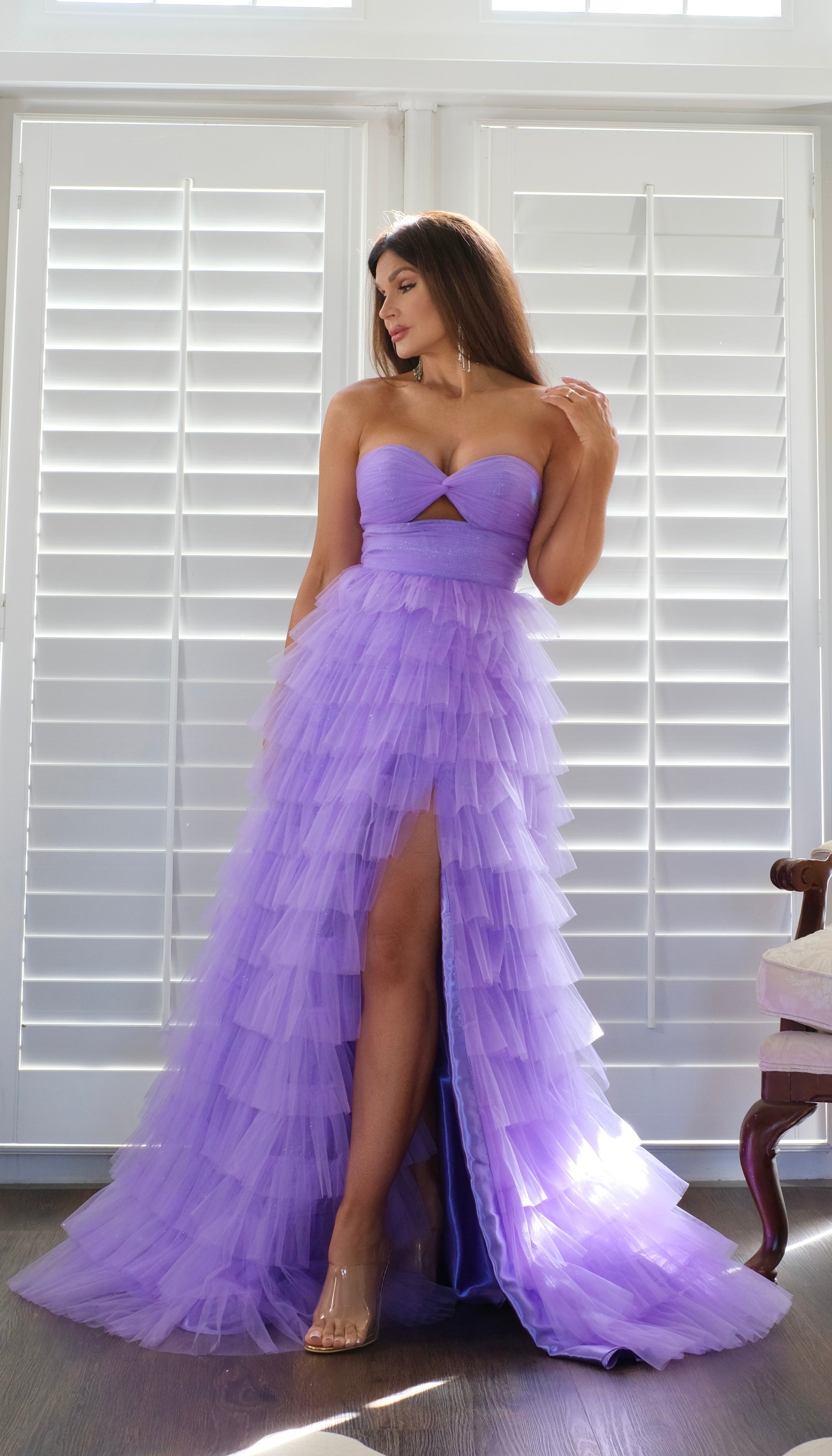 Adaline lilac layered tulle tiered formal with slit