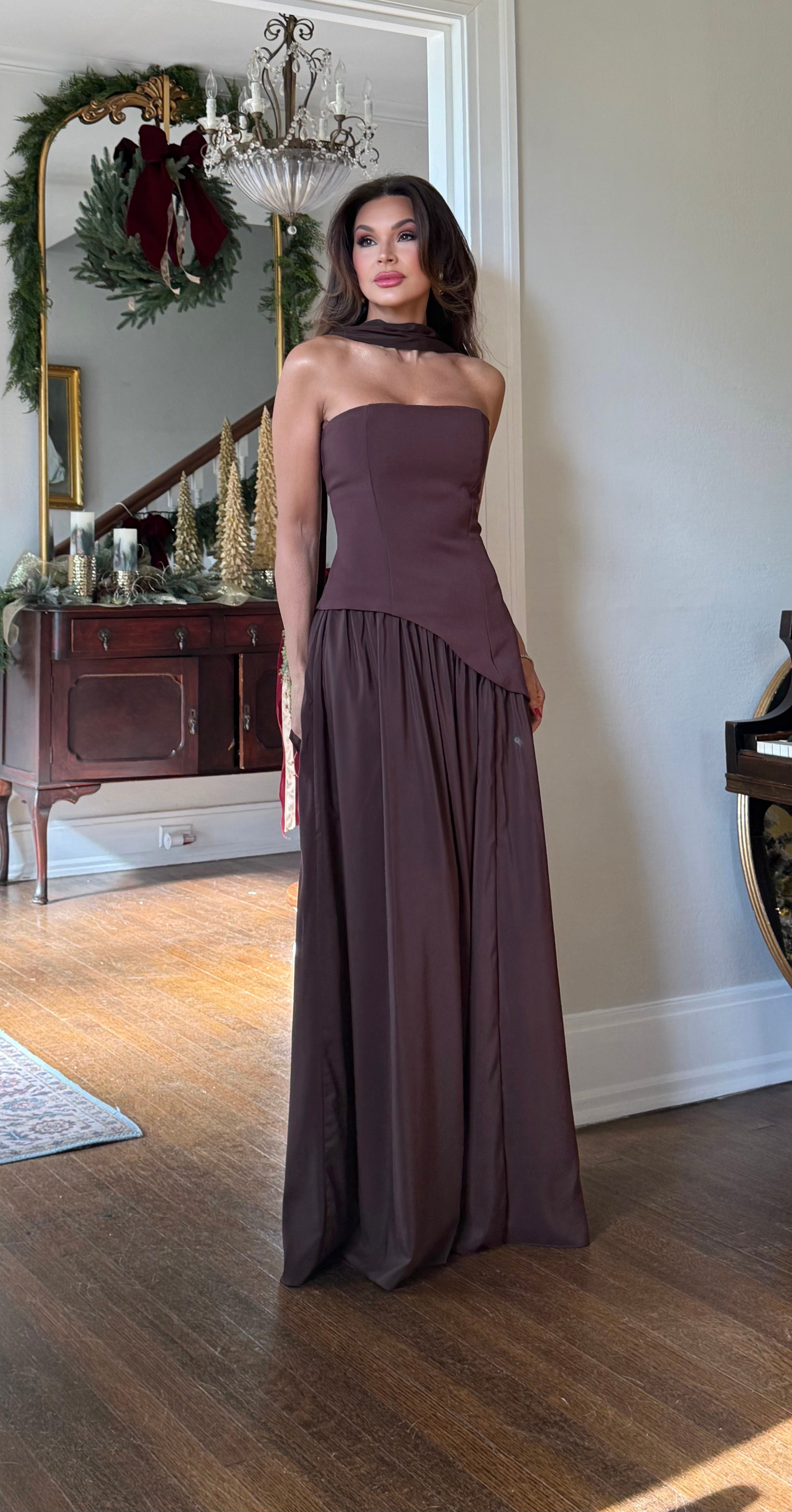 Esmeralda Chocolate Strapless Asymmetrical Waist Gathered Skirt With Slit Midi Dress