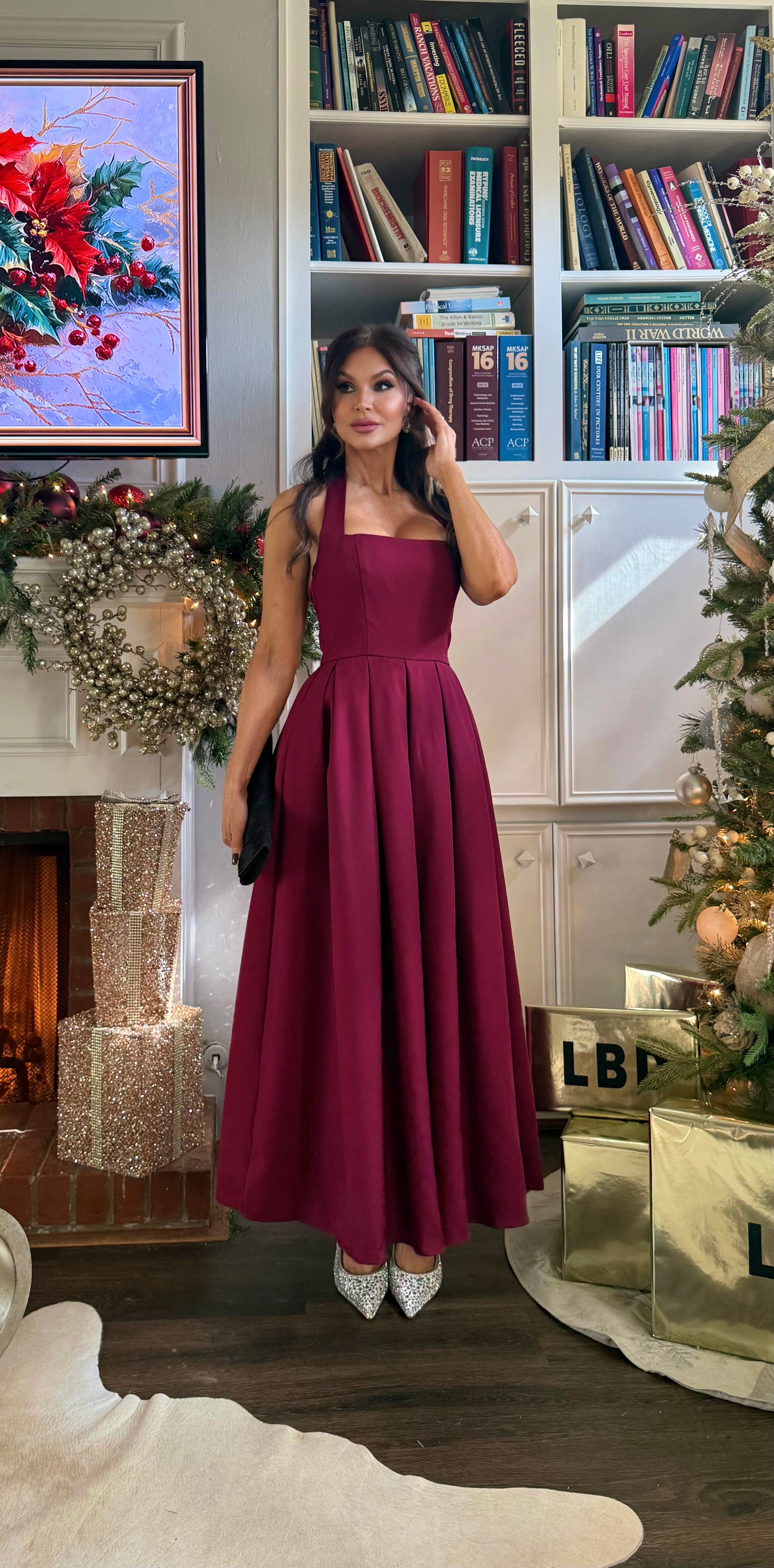 Wanda Wine Halter Neck Midi Dress