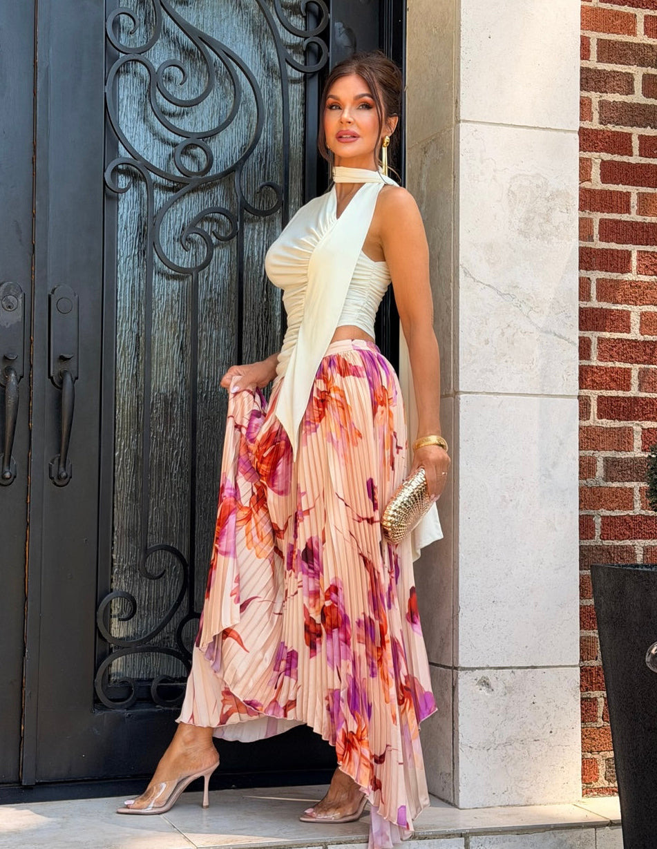 Kilah Cream Floral Pleated Maxi Skirt