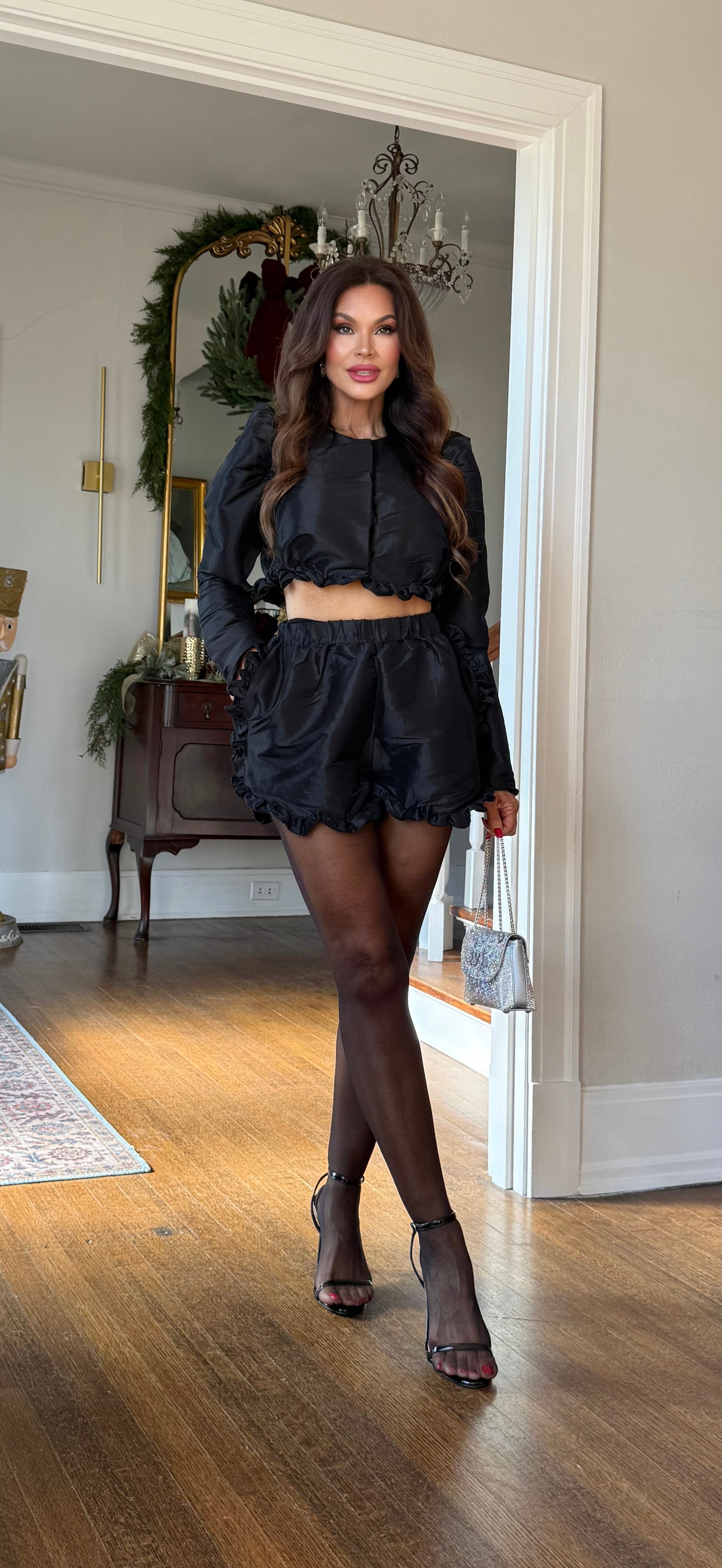 Tamra Black Taffeta Shorts With Ruffle Trim