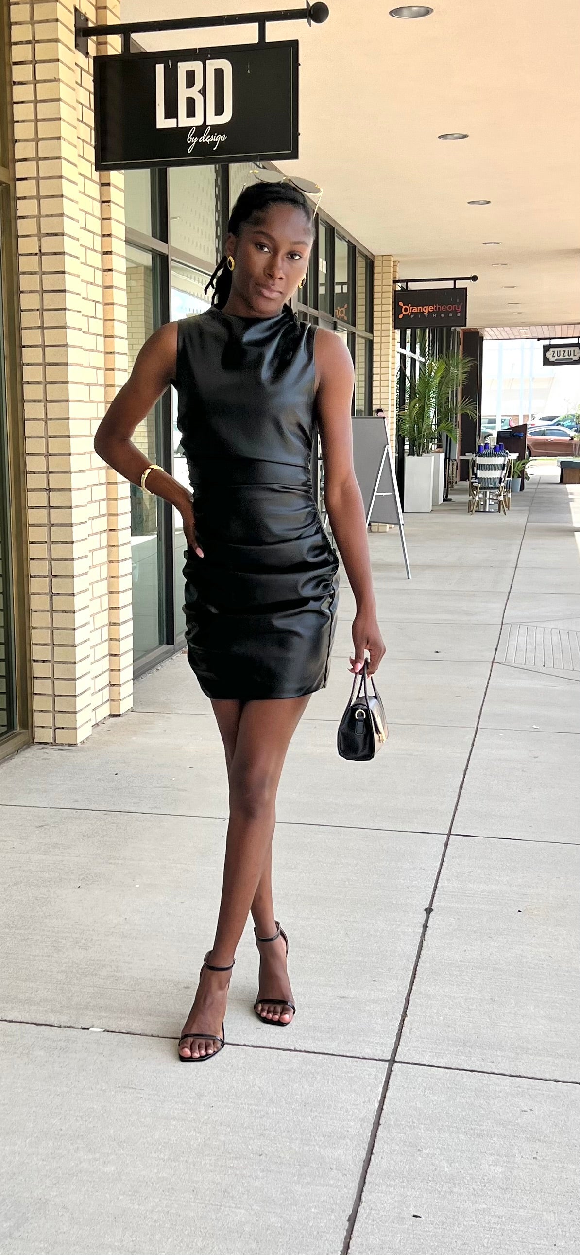 Jubilee black high neck vegan leather mini dress