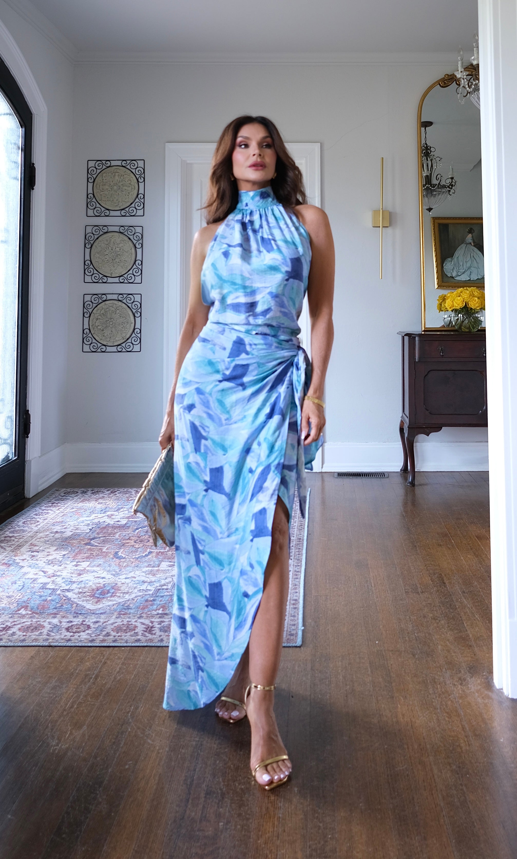 Santina blue multi midi wrap dress