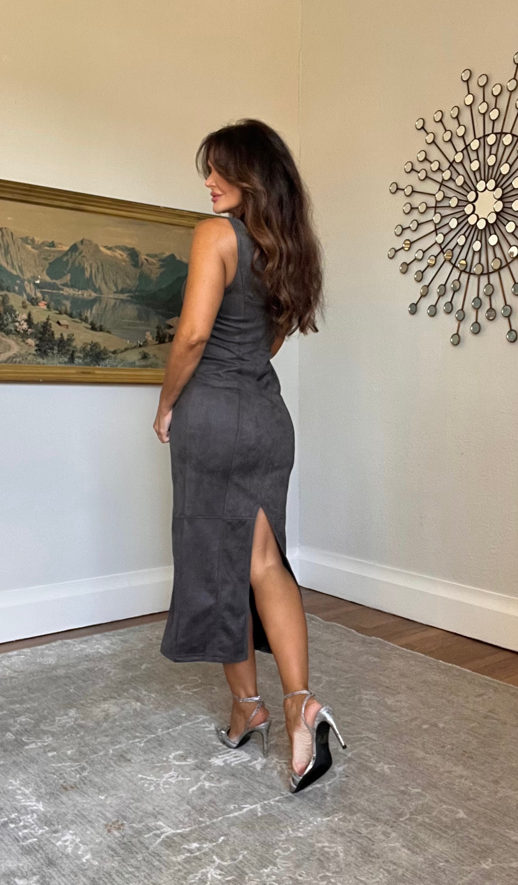 Nora Charcoal Suede Midi Dress With Back Slit