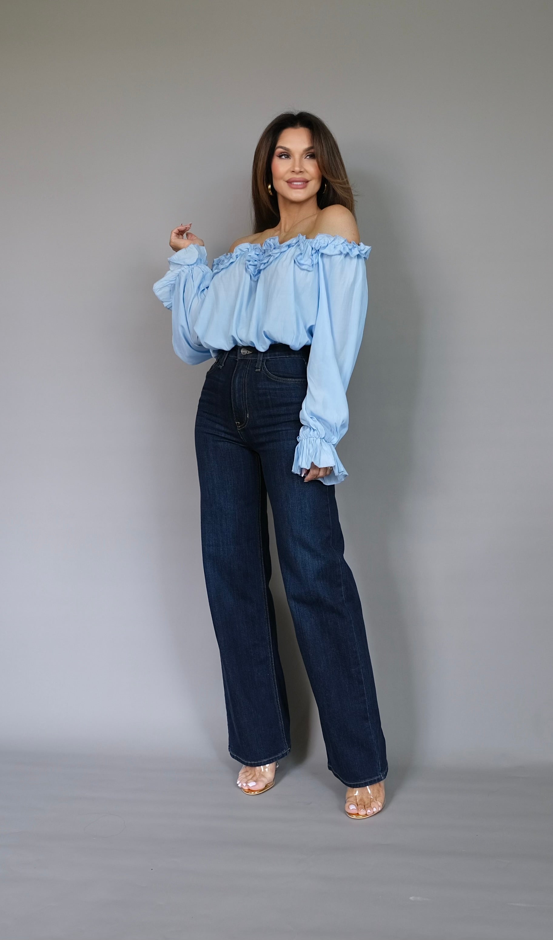 Jane blue off shoulder ruffle shirt