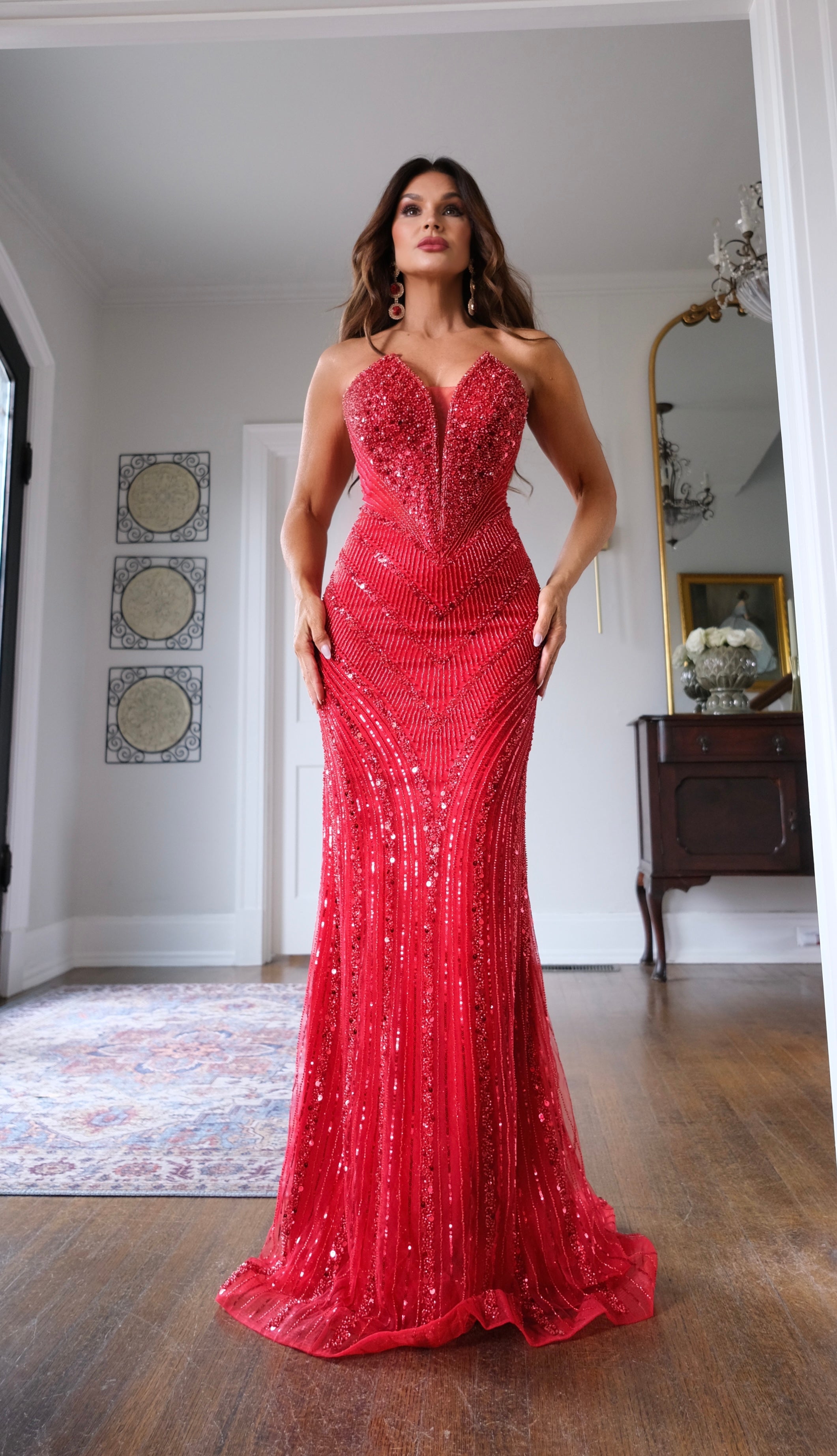Hera red strapless beaded fitted mermaid formal dress