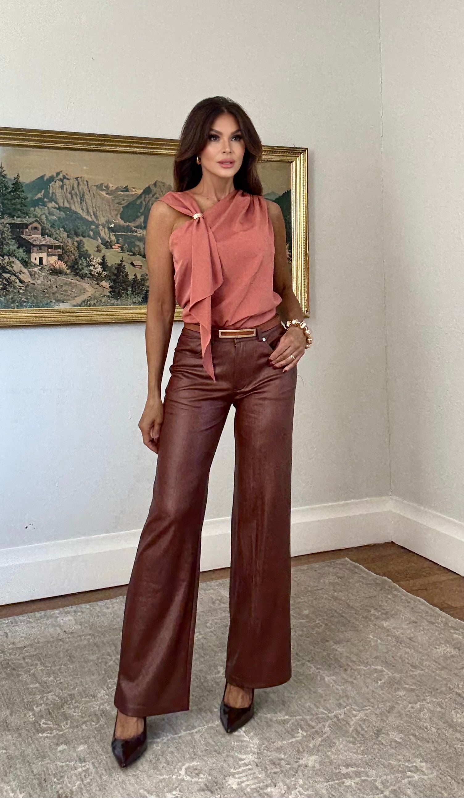 Sandy Light Brown Low Rise Vegan Leather Pants