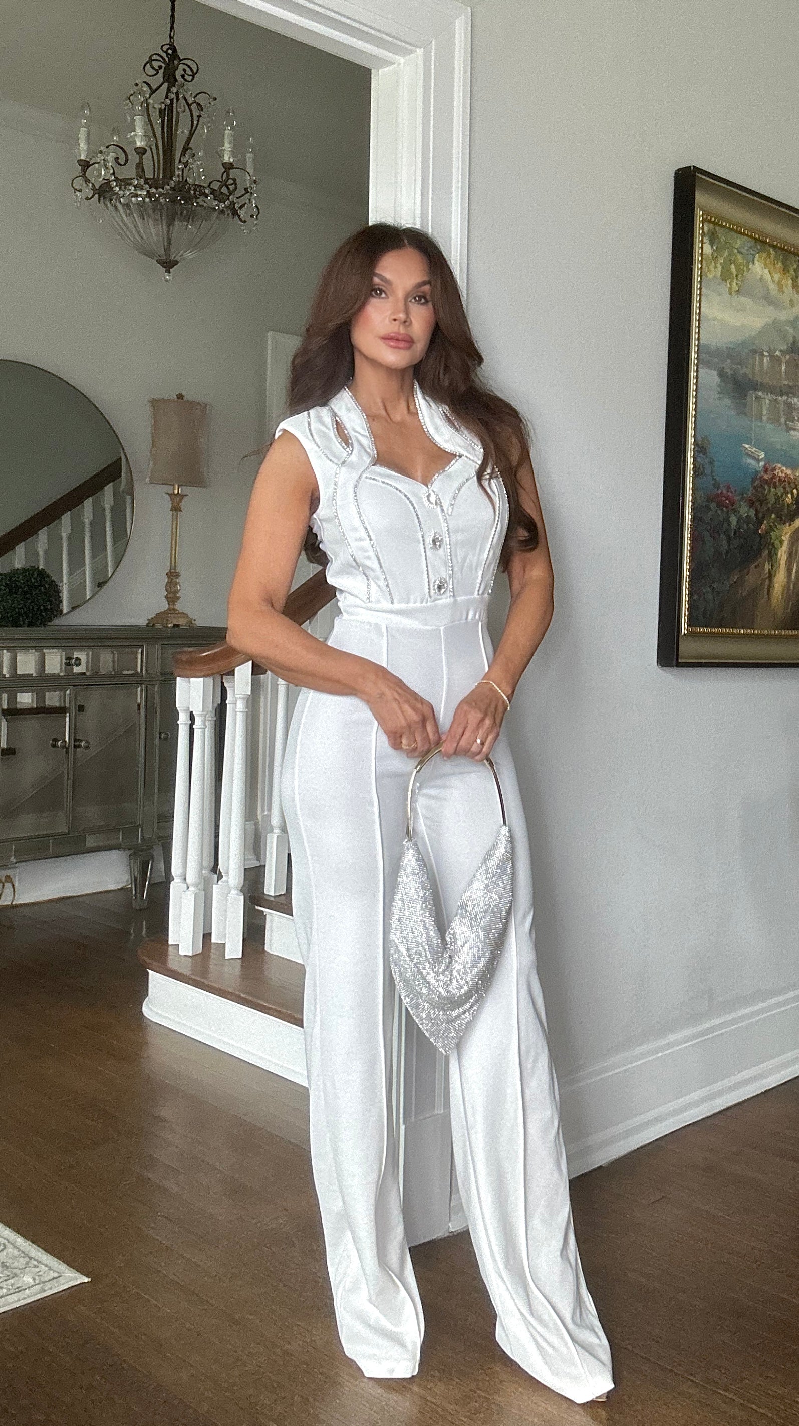 Juno white sleeveless jeweled button jumpsuit