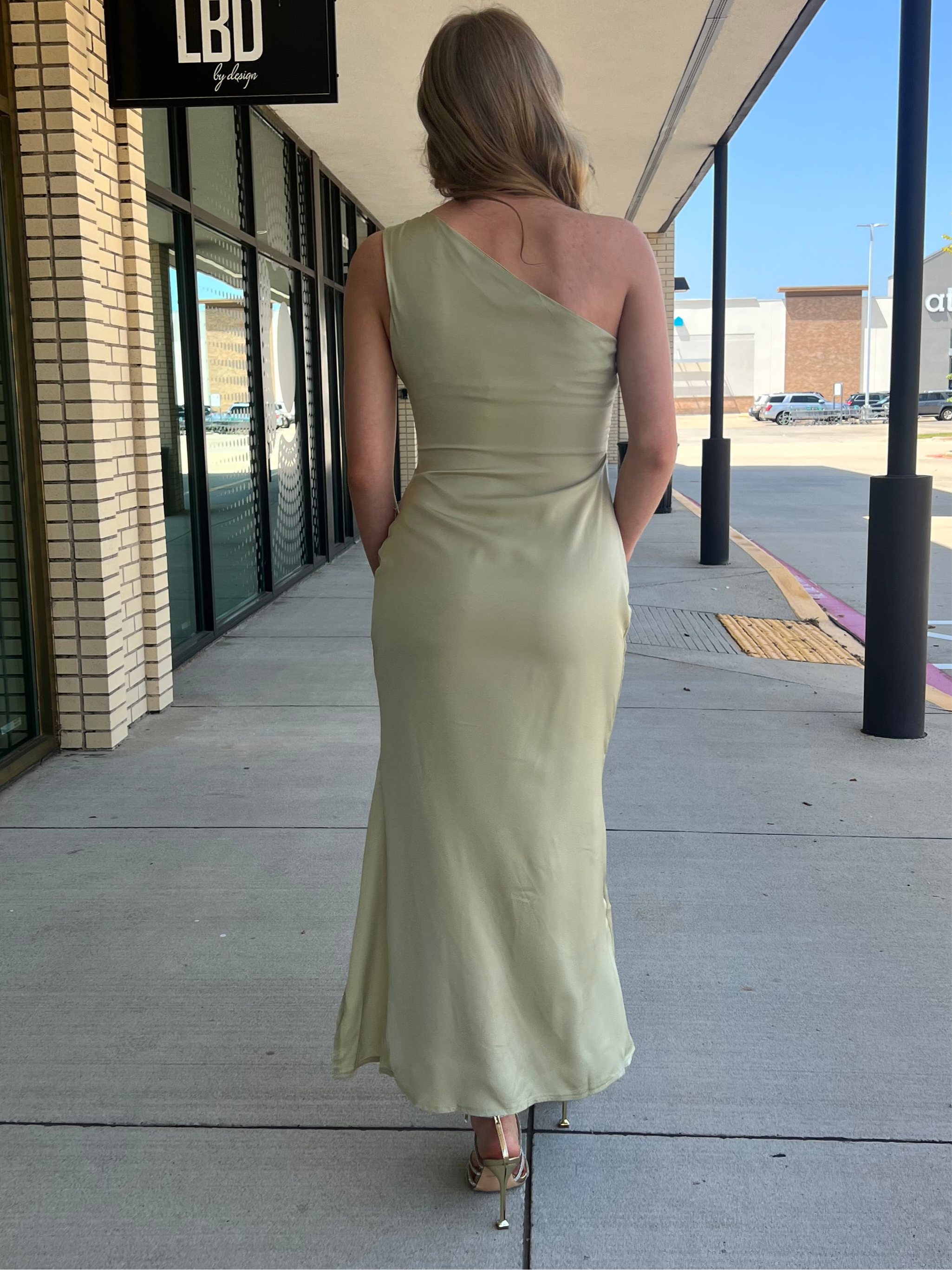 Amelia Sage Green Satin One Shoulder Front Slit Midi Dress