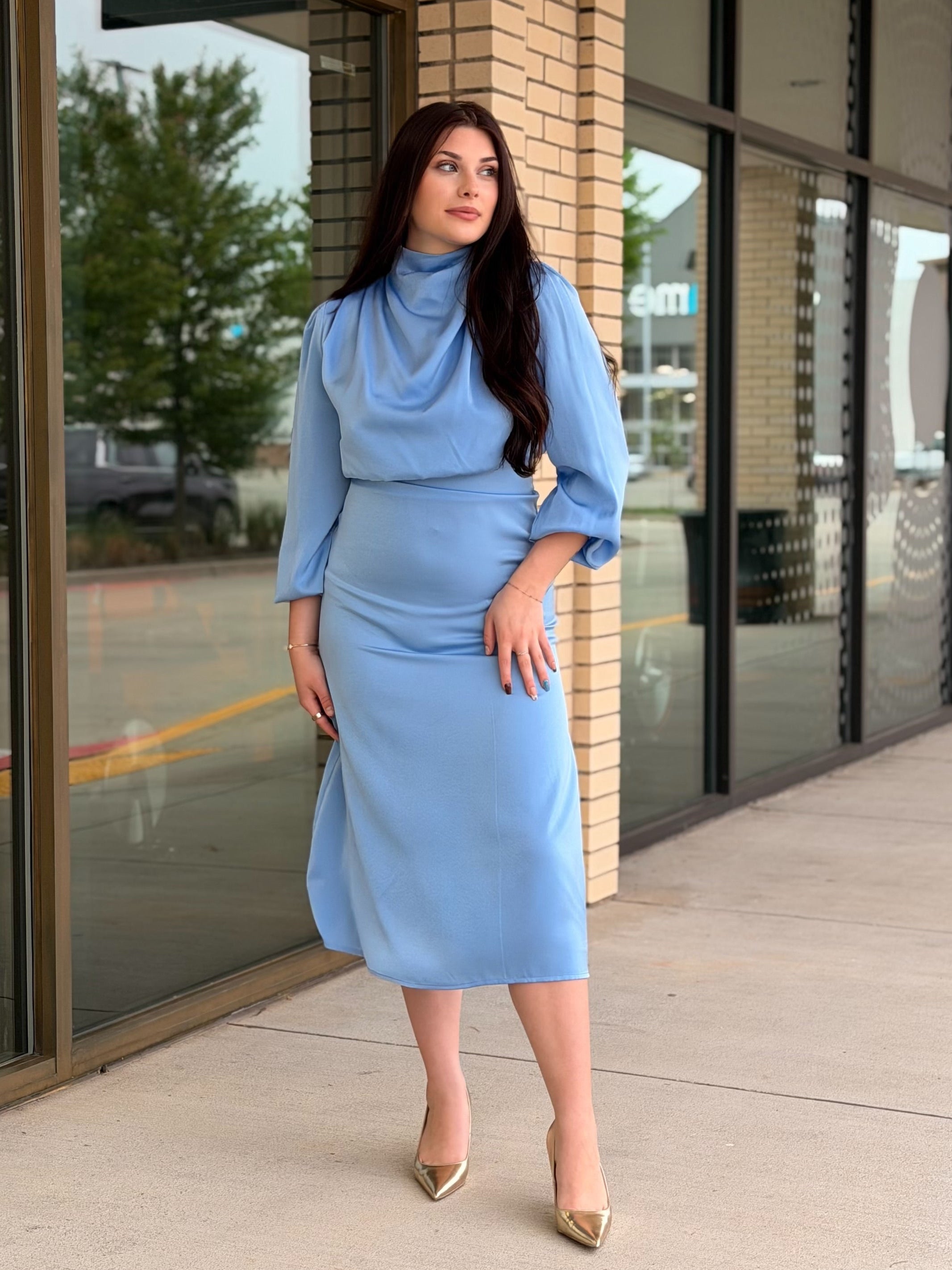 Penny Blue Long Sleeve Satin Maxi Dress