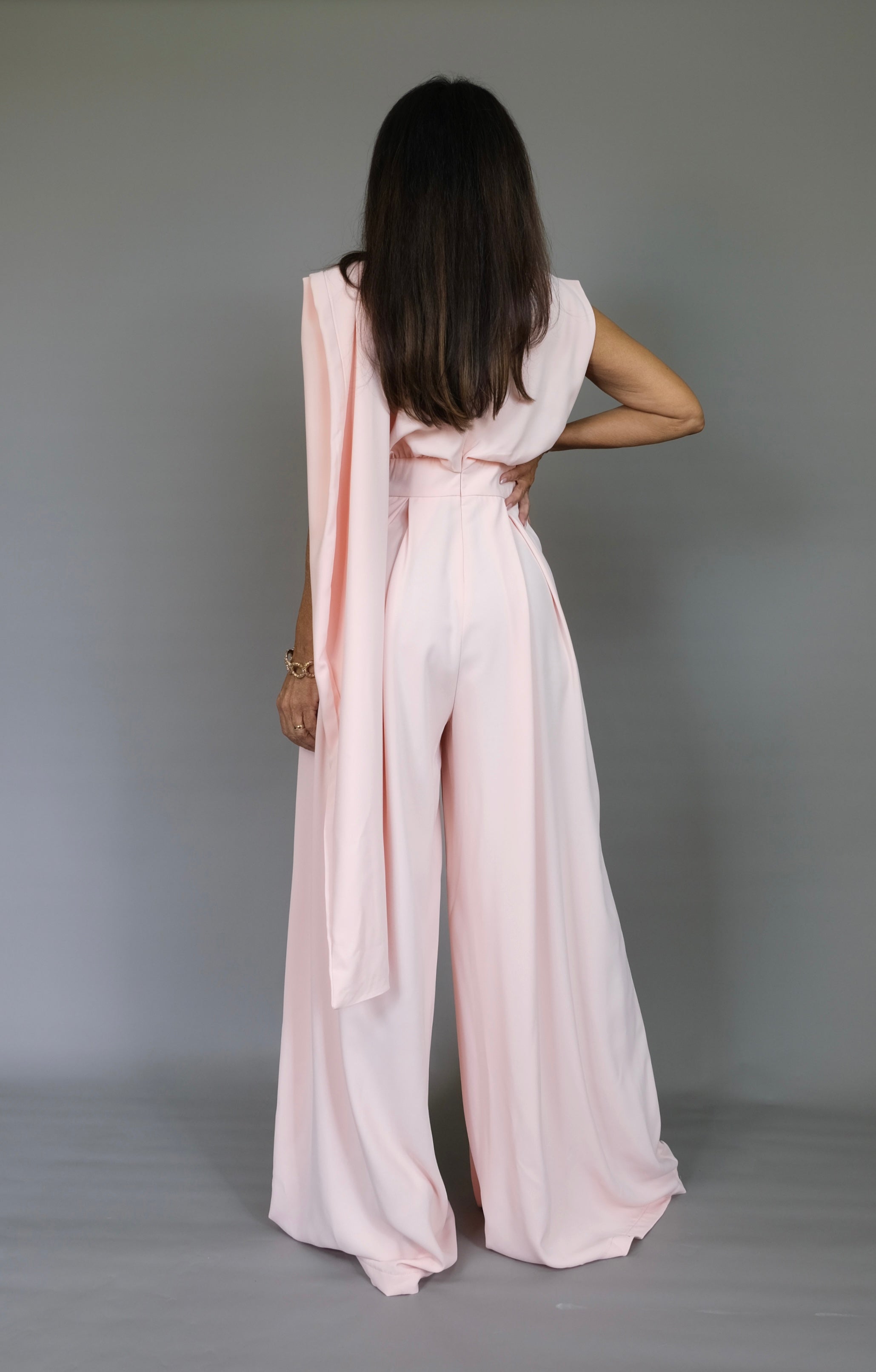 Jersey light peach wide leg jumpsuit with scarf detail