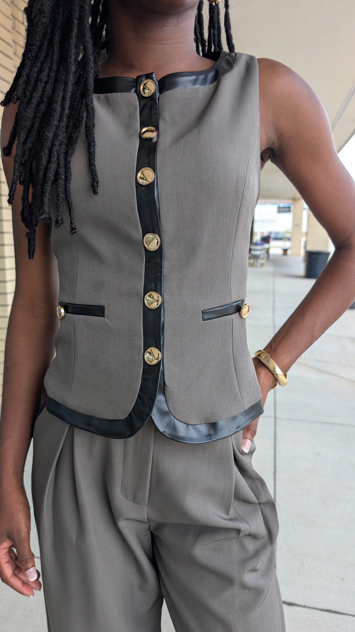 Beth Brisk Brown Vest With Gold Buttons and Leather Trim