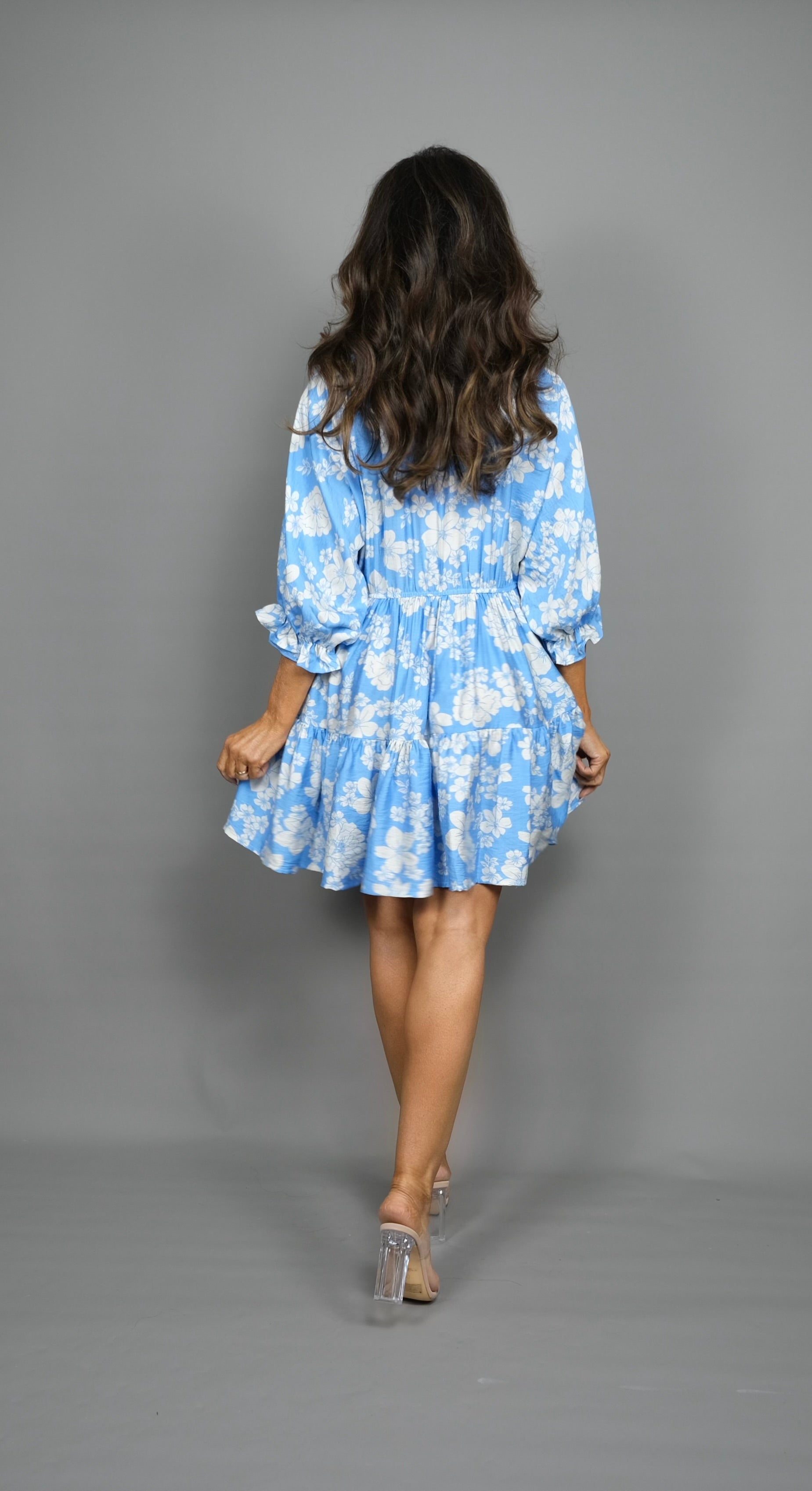 Grace blue floral half sleeve loose fit mini dress