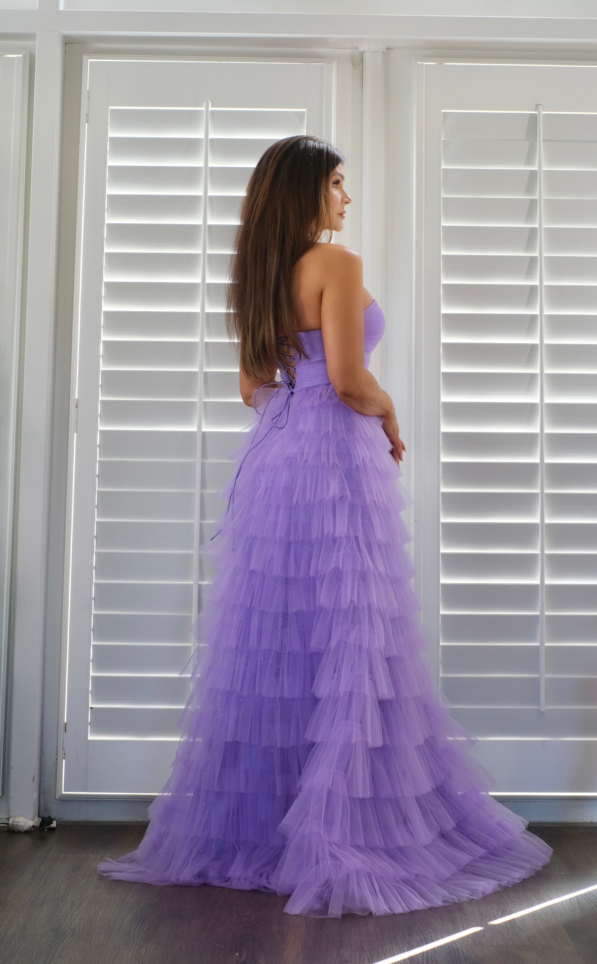 Adaline lilac layered tulle tiered formal with slit