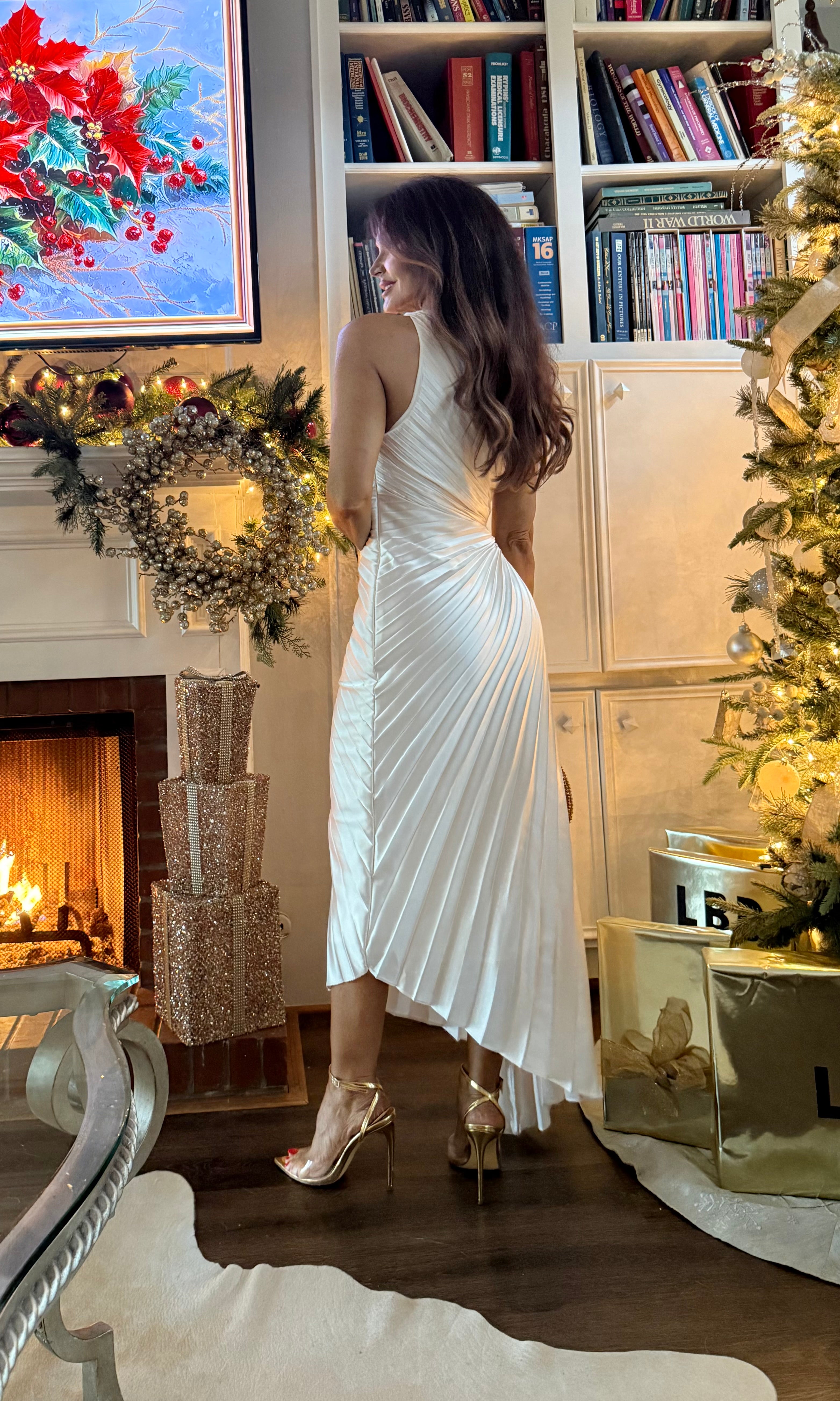 Pearle Cream Satin One Shoulder Pleated Midi Dress