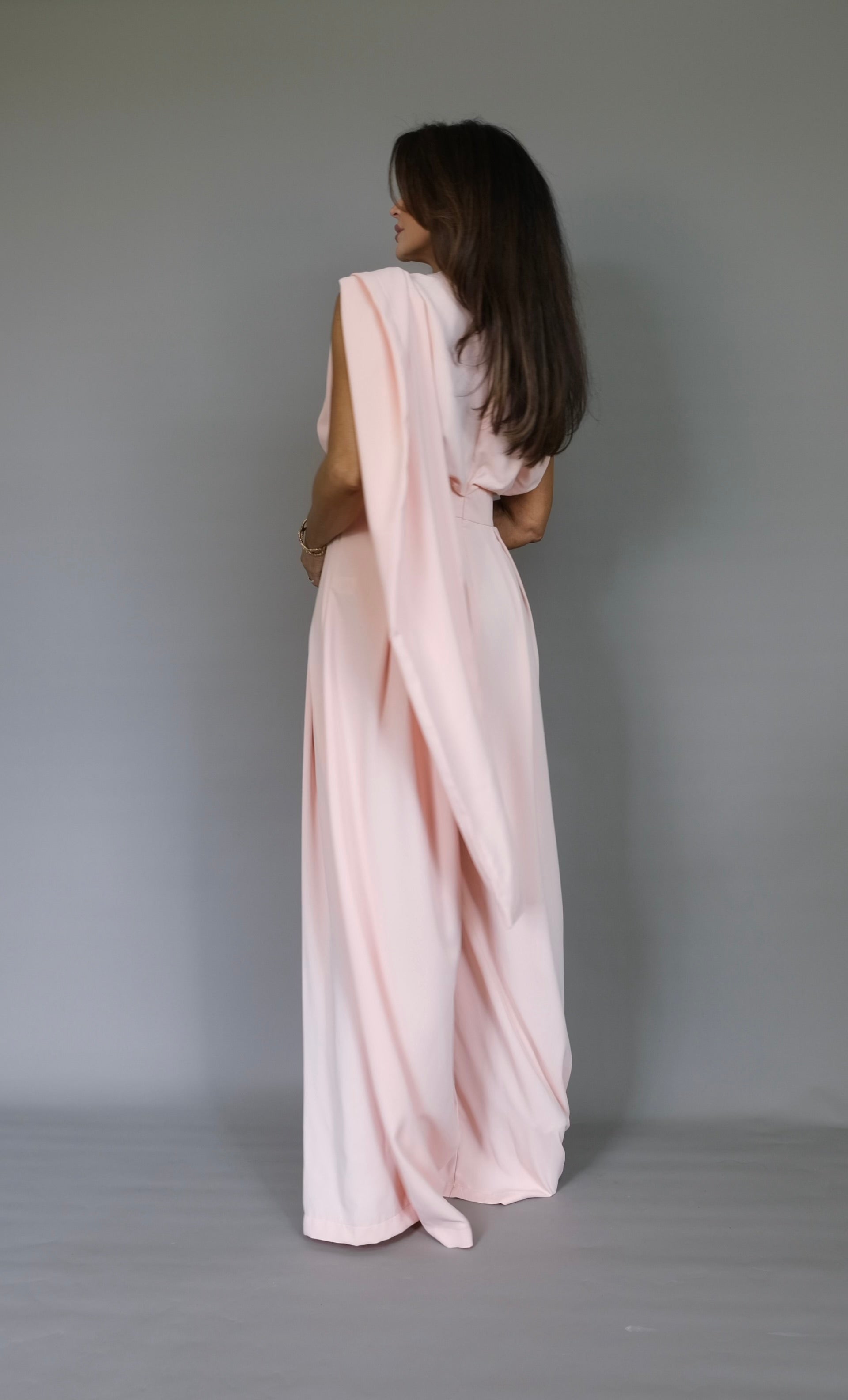 Jersey light peach wide leg jumpsuit with scarf detail