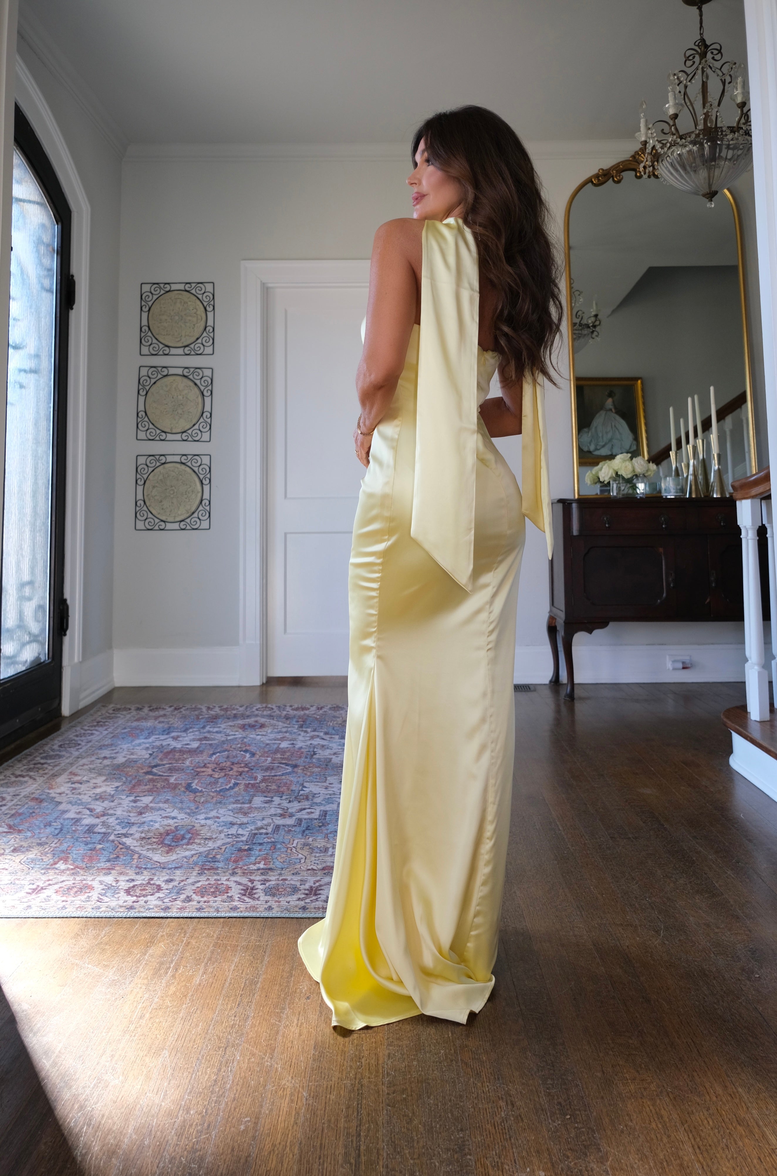 Kathryn pale yellow satin gown with neck drape