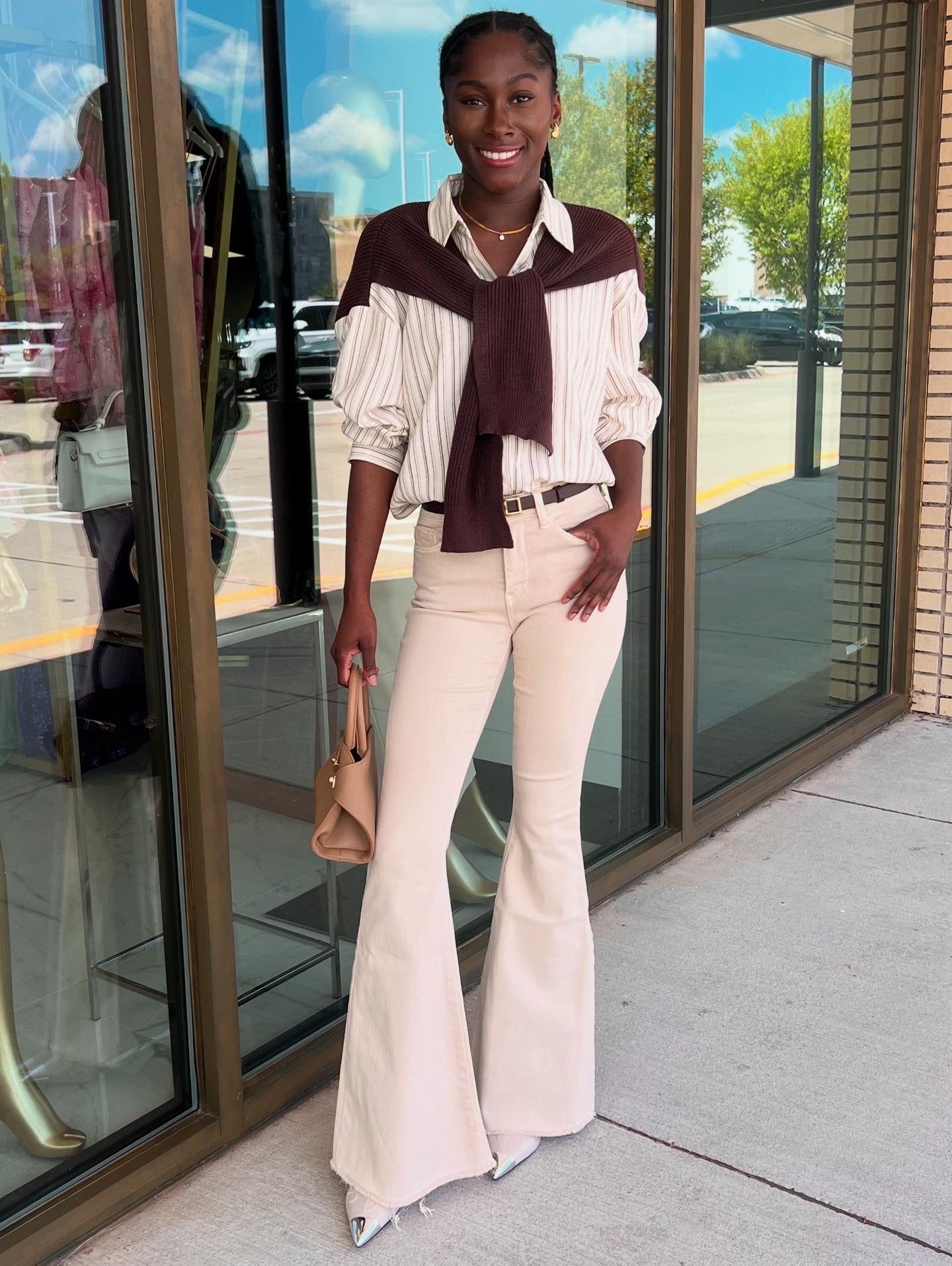 Caroline Cream Stripe Shirt With Front Tie Cardigan