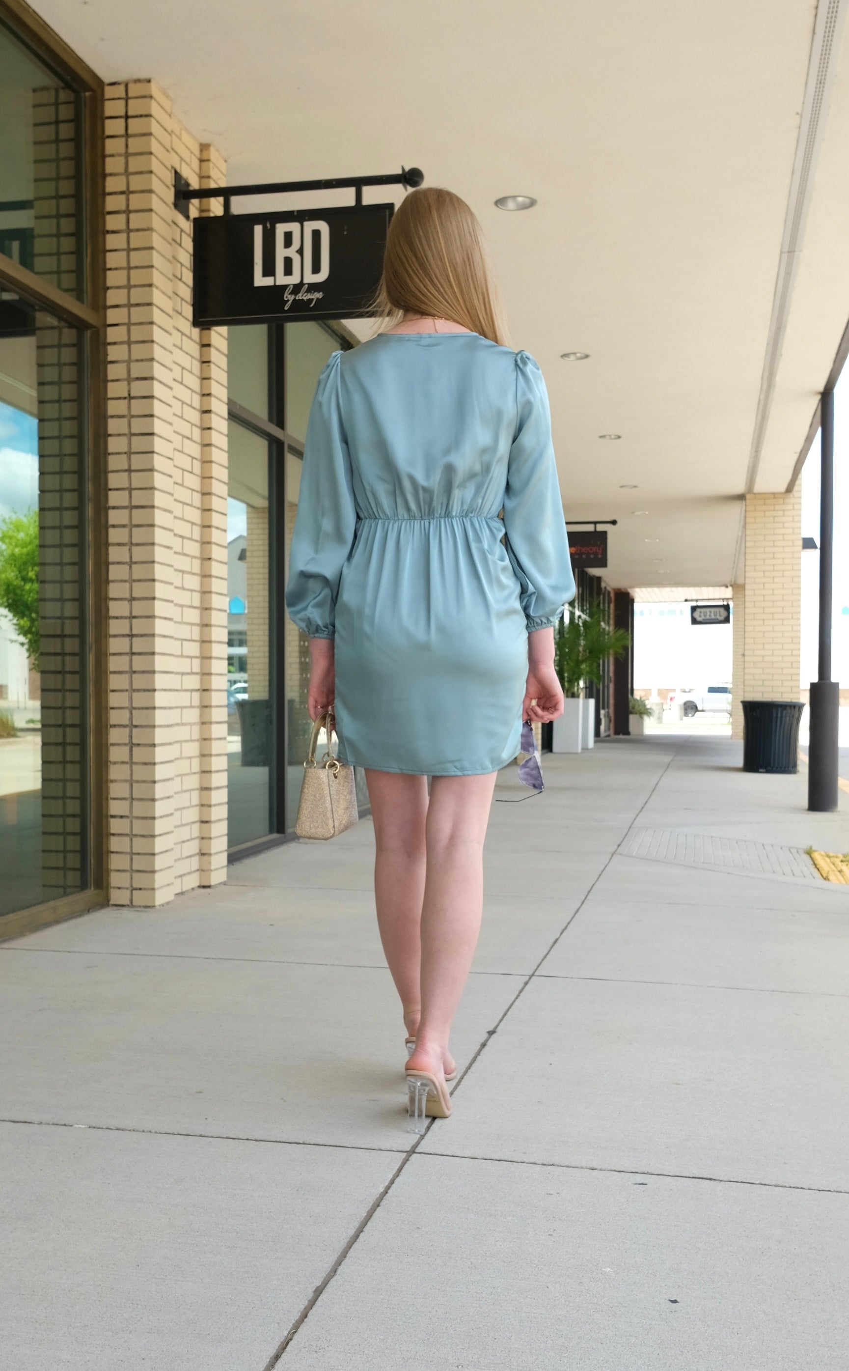 Olympia green satin long sleeve v neck mini dress