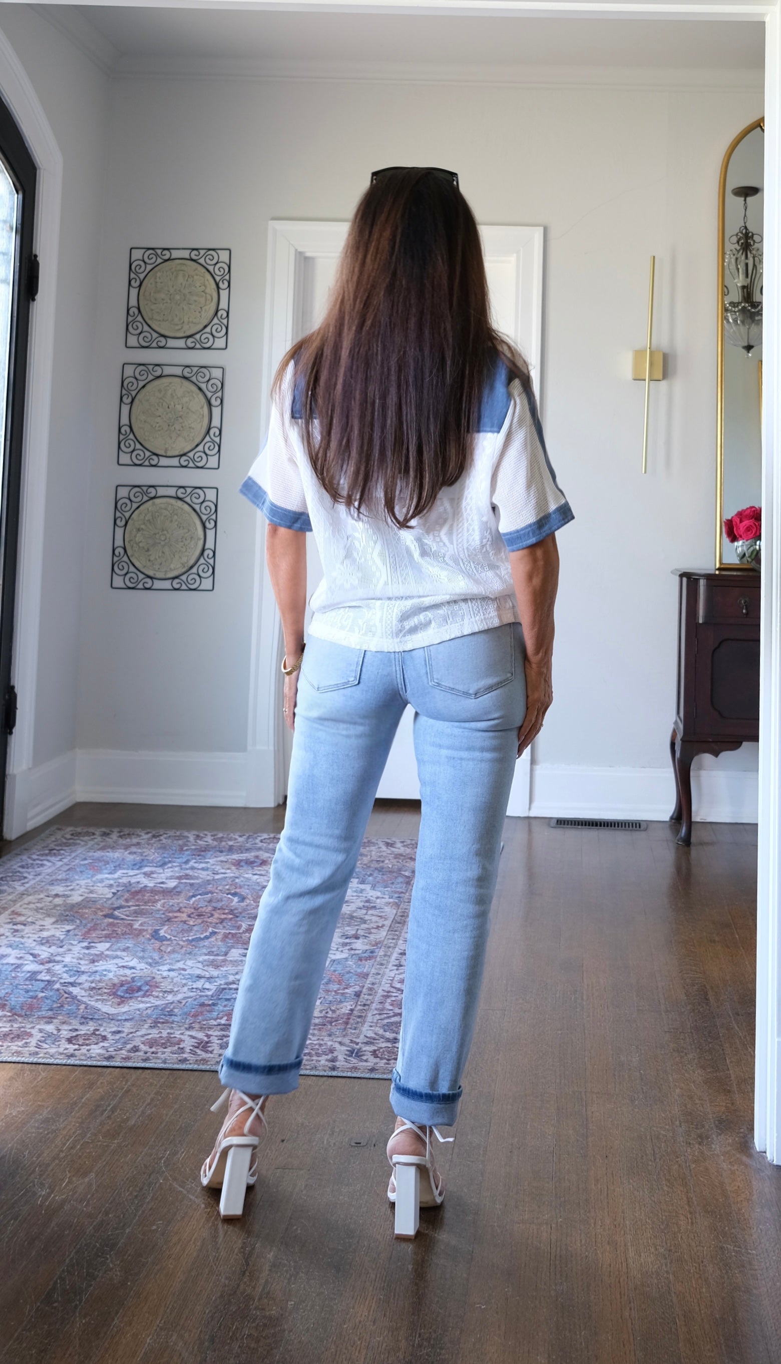 Fanny sleeve lace and denim v neck shirt