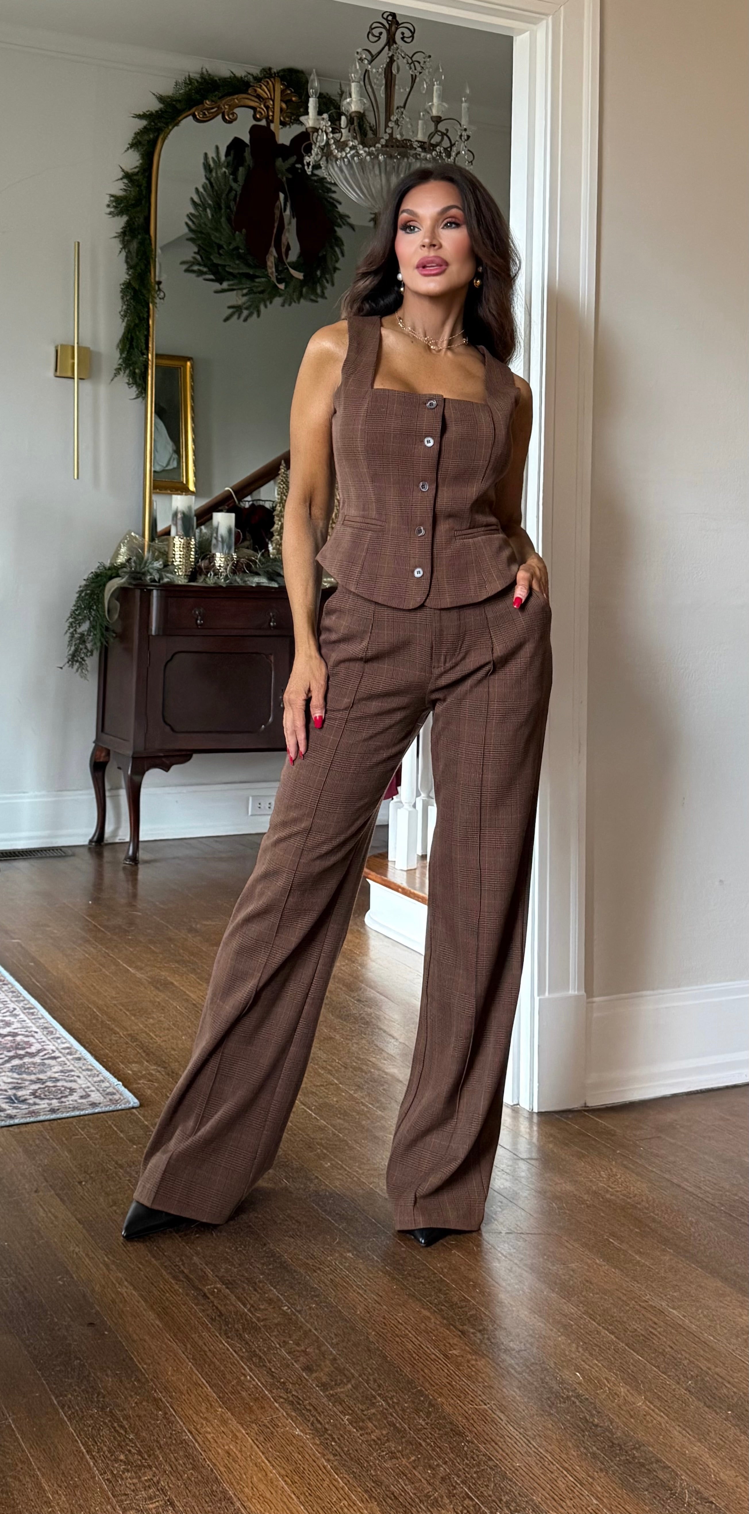 Venna brown plaid square neck vest