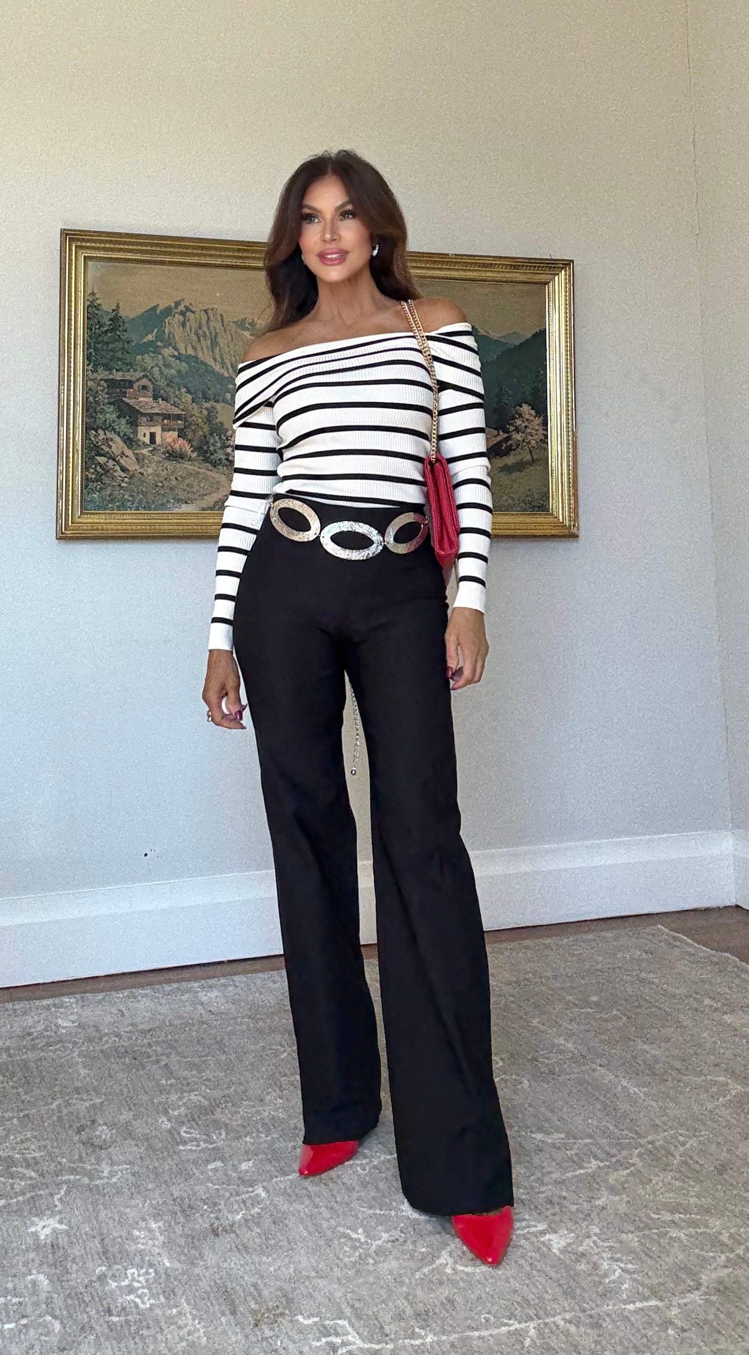 Carolina Cream And Black Stripe Off Shoulder Long Sleeve Sweater