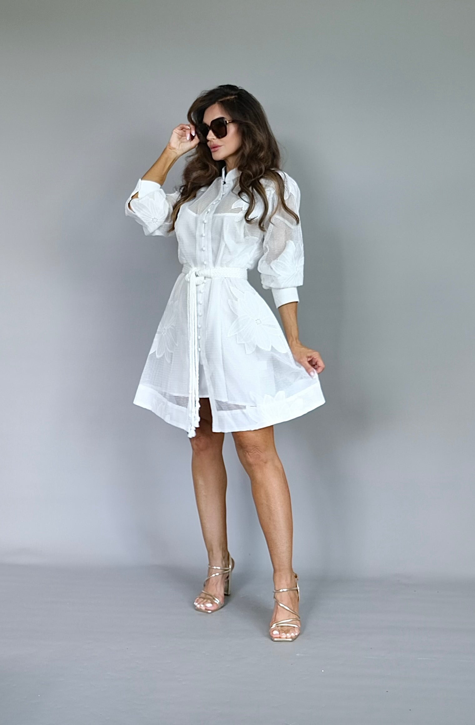 Kya white sheer floral embroidered tie belt flare mini dress